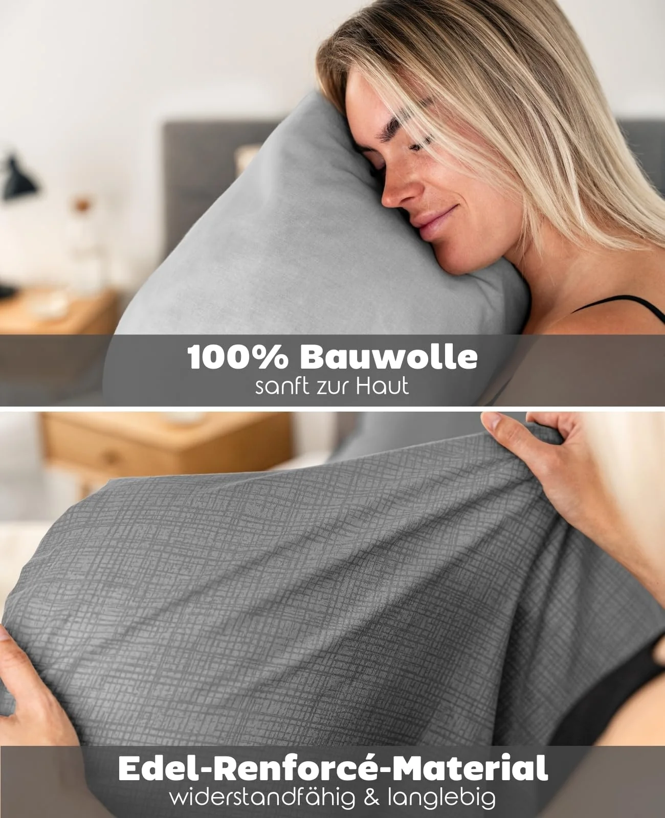 lionto dibea Renforcé-Wendebettwäsche aus 100% Baumwolle, 135x200 cm, Kissenbezug 80x80 cm, 2-teilige Bettwäsche zu jeder Jahreszeit, pflegeleicht und formstabil, inkl. Oeko-TEX Zertifikat, grau - Image 3