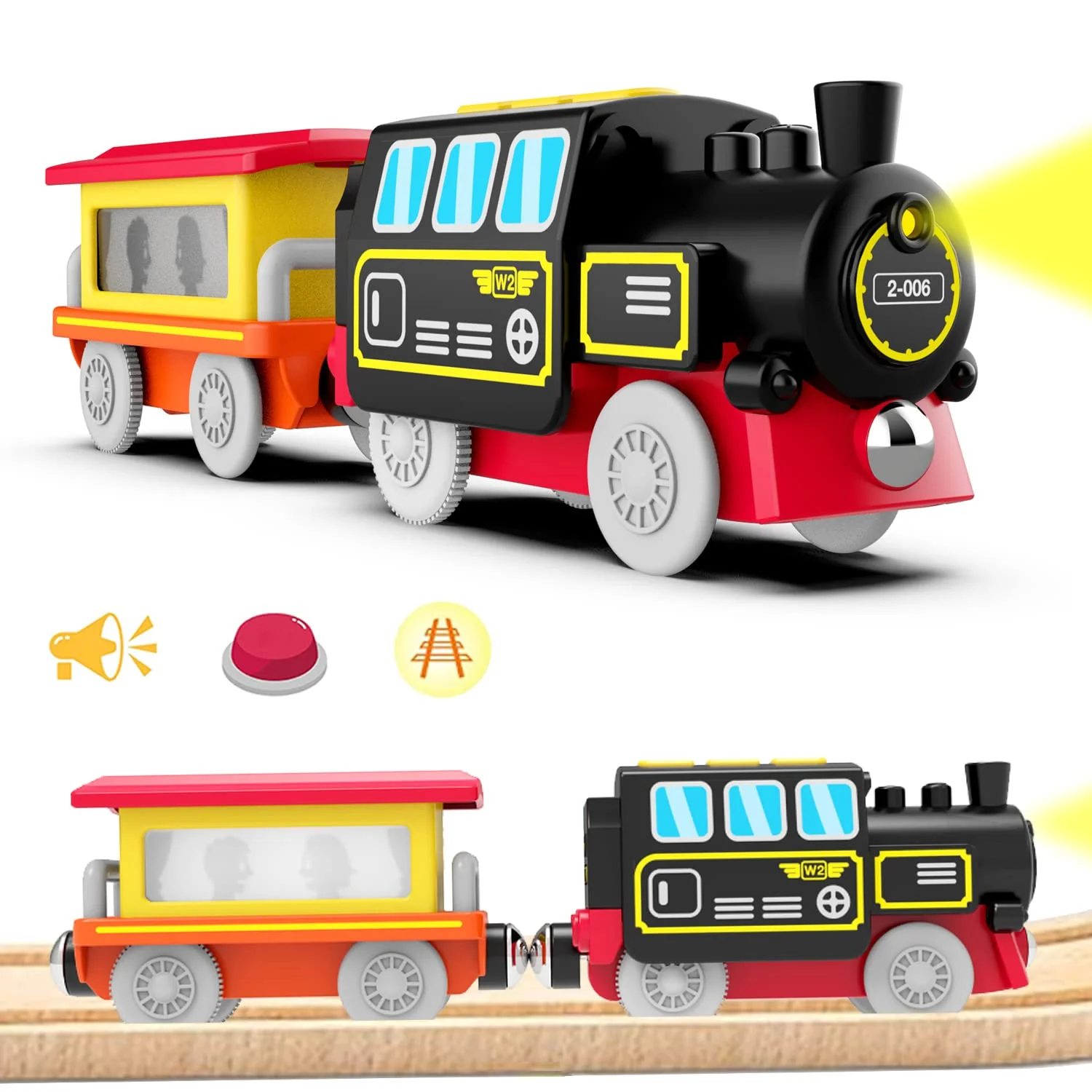 LiRiQi Eisenbahn elektrische lok Holzeisenbahn Zug, Batteriebetriebener Lokomotivzug, Leistungsstarker Motorzug kompatibel mit Brio, Thomas, Spielzeug für Kinder Kleinkind Junge