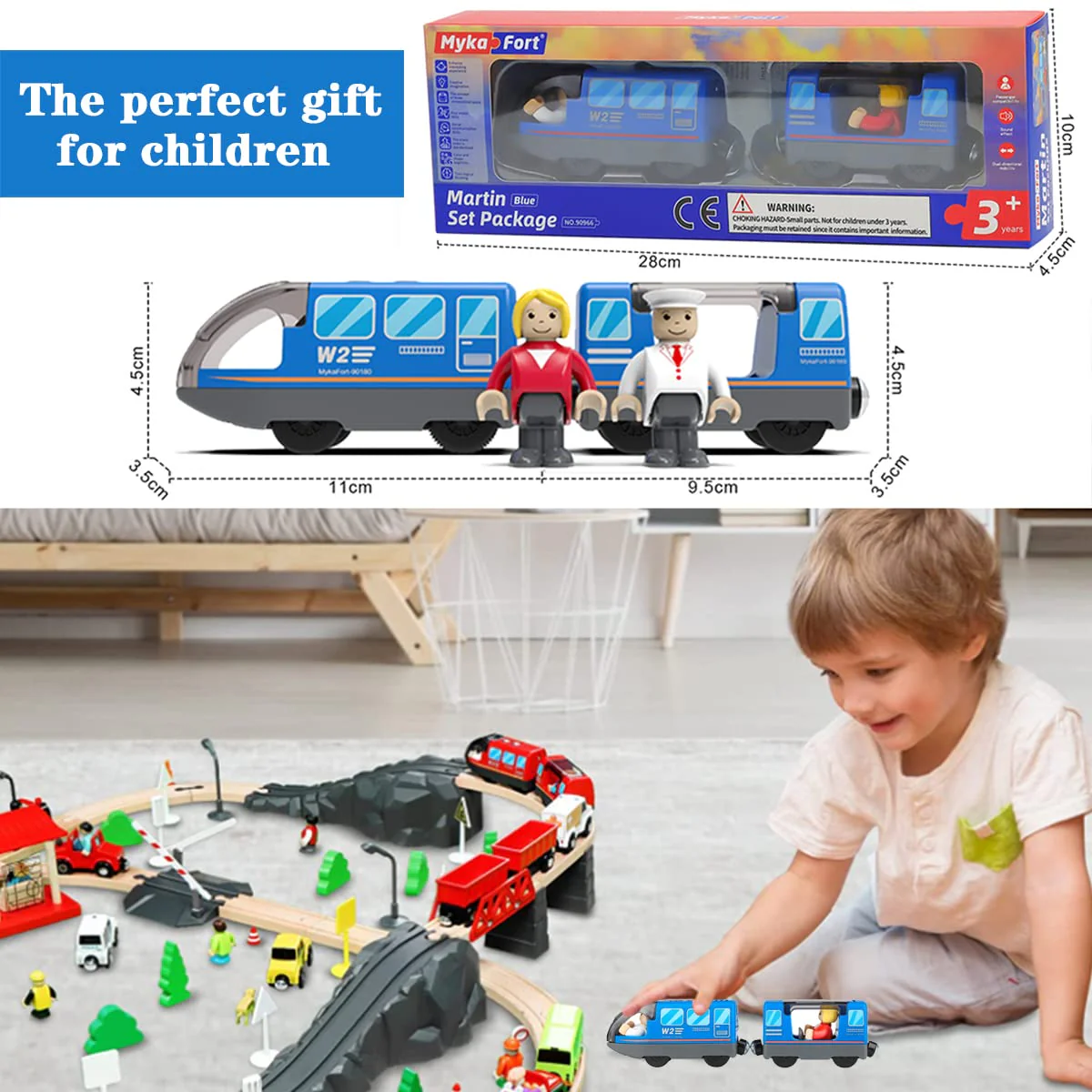 LiRiQi Eisenbahn elektrische lok Holzeisenbahn Zug, Batteriebetriebener Lokomotivzug, Leistungsstarker Motorzug kompatibel mit Thomas, Brio, Spielzeug für Kinder Kleinkind Junge, Blau - Image 2