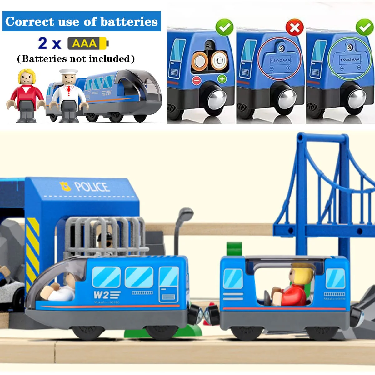 LiRiQi Eisenbahn elektrische lok Holzeisenbahn Zug, Batteriebetriebener Lokomotivzug, Leistungsstarker Motorzug kompatibel mit Thomas, Brio, Spielzeug für Kinder Kleinkind Junge, Blau - Image 4