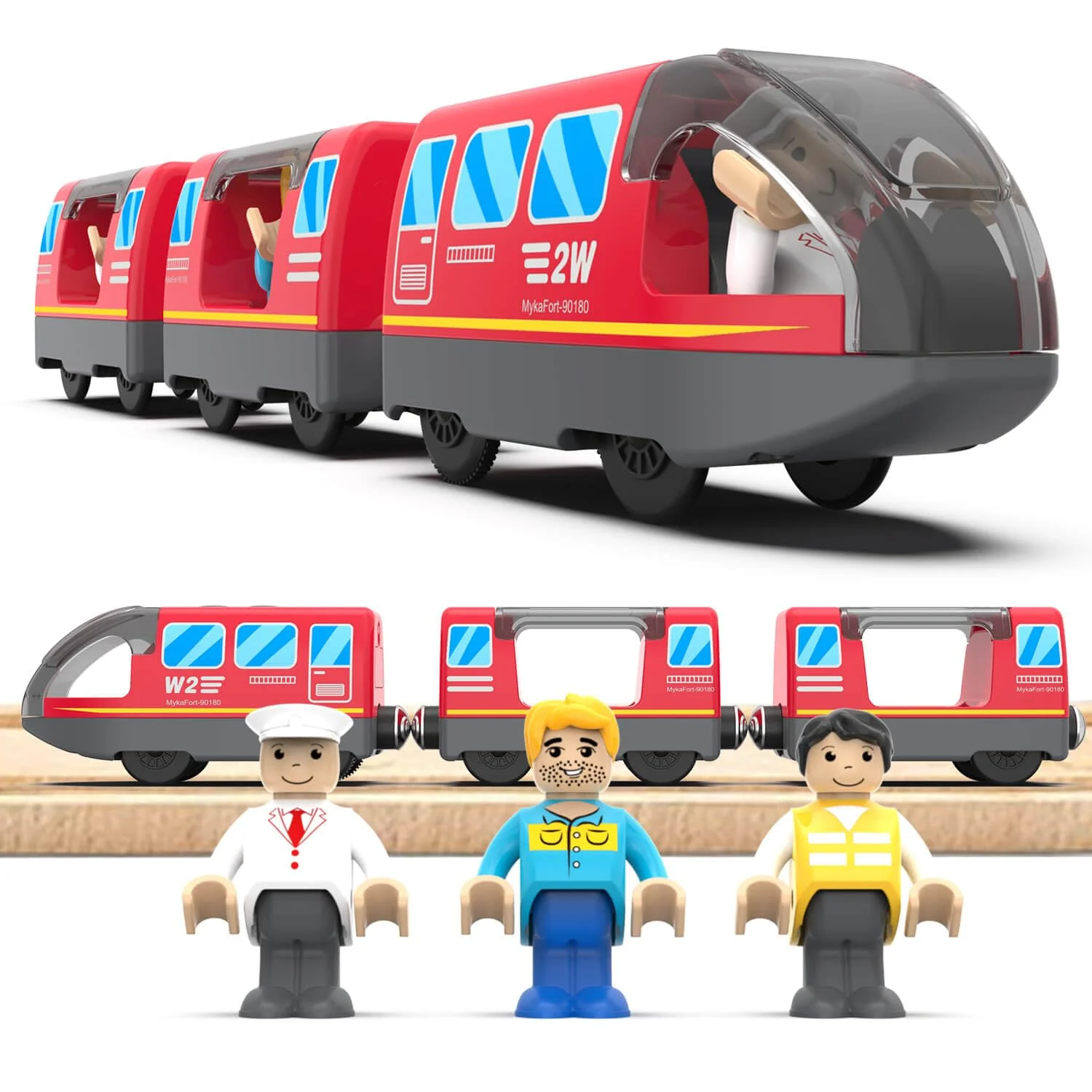 LiRiQi Eisenbahn elektrische lok Holzeisenbahn Zug Kinder, Batteriebetriebener Lokomotivzug, Motorzug kompatibel mit Thomas Brio, Geschenk Spielzeug für Junge Mädchen ab 3 Jahren, Rot