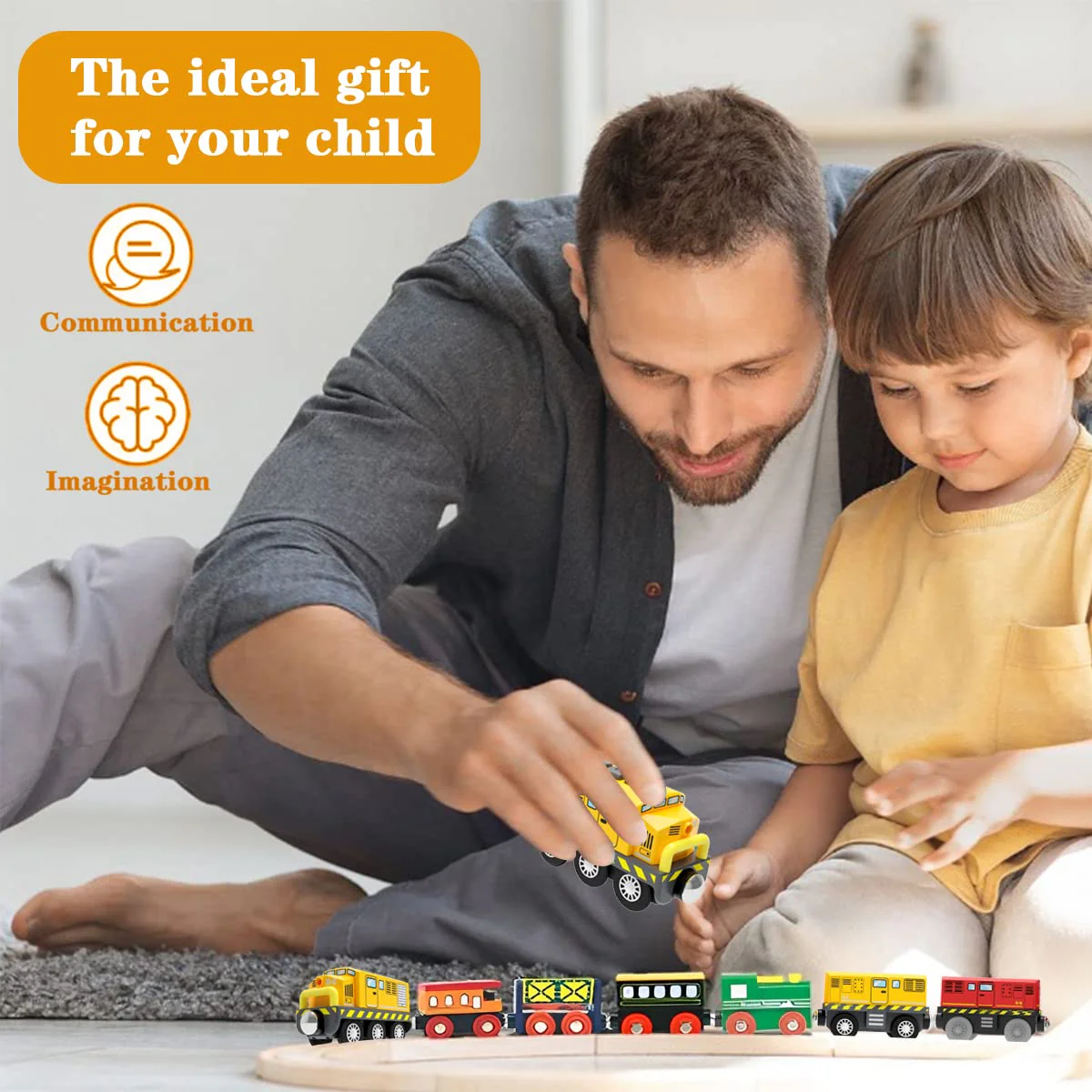 LiRiQi Eisenbahn Zug Elektrische lok Holzeisenbahn Spielzeug Kinder, Lokomotivzug(Magnetverbindung), Lokomotive Kompatibel mit Holzschienen Kinder Spielzeuglok, Spielzeug für Kleinkinder, Gelb - Image 2