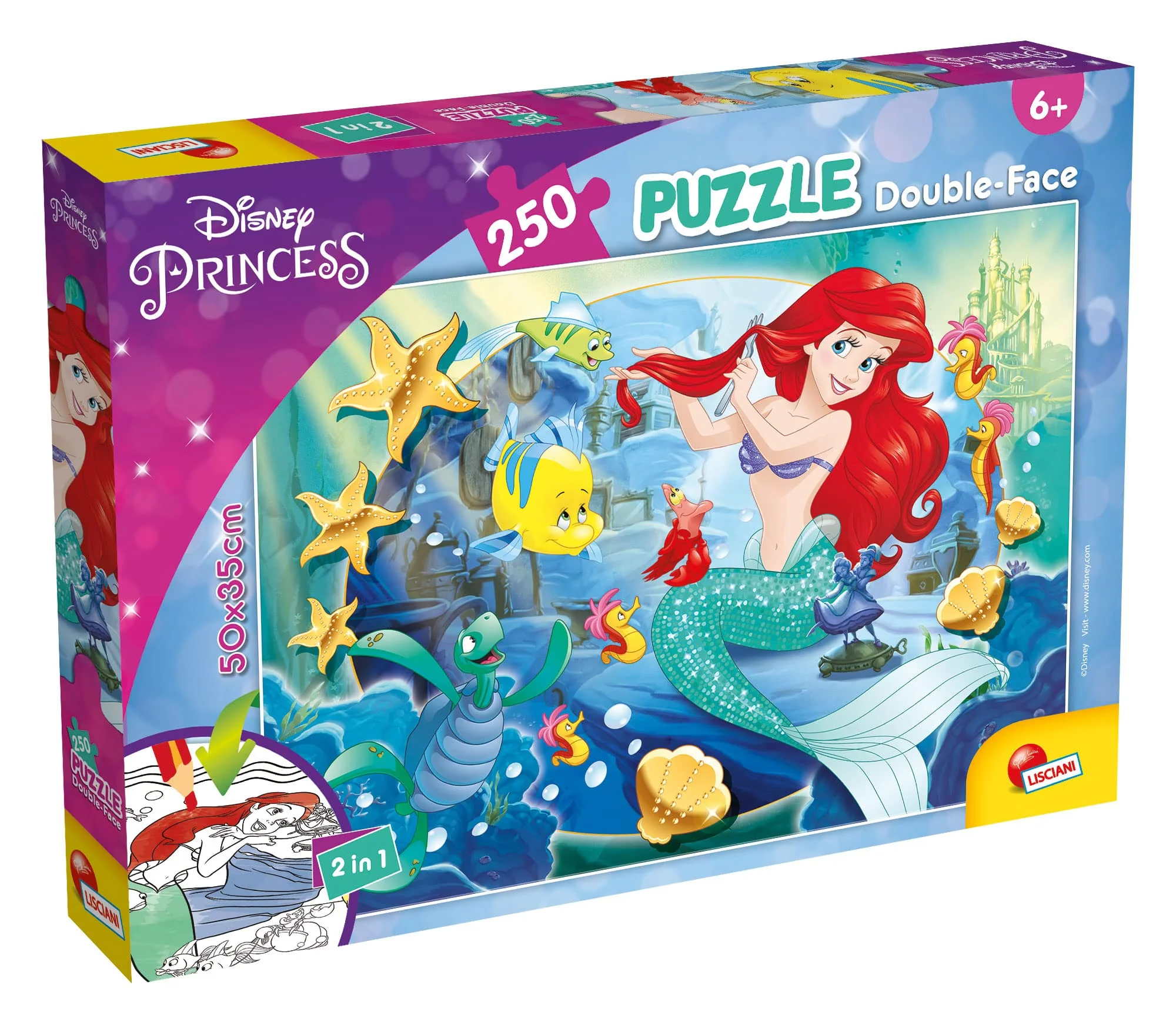 Lisciani - DISNEY Puzzle Ariel - Rekreieren und Kolorieren Sie die Szenen Ihrer Lieblingsboxen - Ab 7 Jahren - GROSSFORMAT-PUZZLE mit 250 Teilen - fördert die Geschicklichkeit