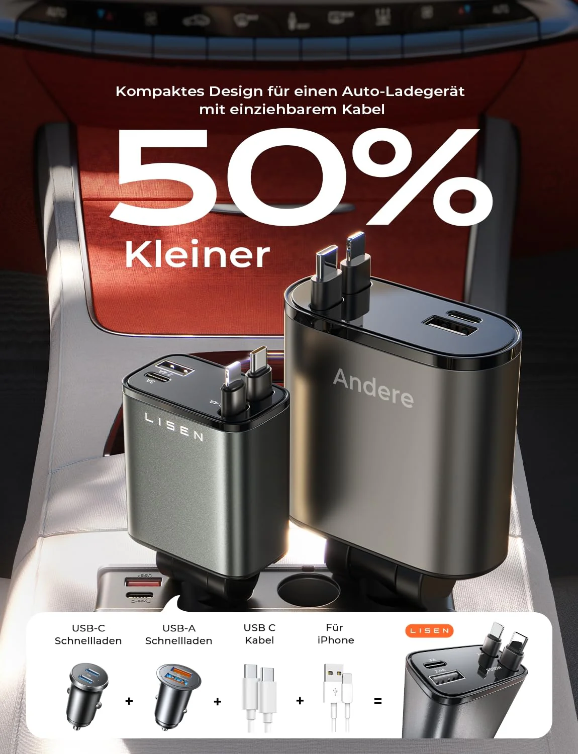 LISEN 4 in 1 Zigarettenanzünder USB C 69W Auto Ladegerät - 12V USB Adapter Auto Zubehör Elektronik, Weihnachts Geschenke für Männer Frauen, Car Gadgets Accessoires für iPhone 17 Pro Max Air, Xiaomi 17 - Image 7