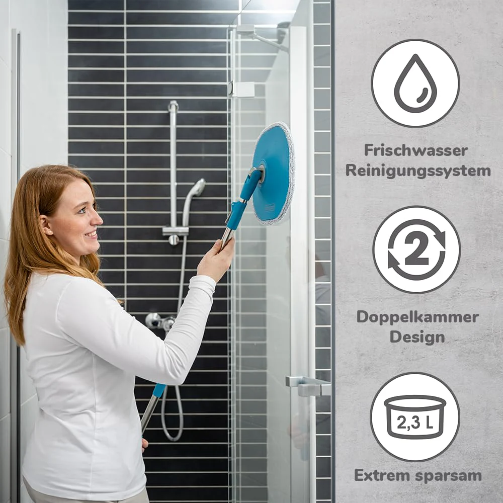 LIVINGTON Clean Water Spin Mop - Wischmop Set mit Zwei-Kammer-Filtersystem - trennt Schmutzwasser von Frischwasser - Bodenwischer für jeden Boden - mit Neuer 135cm Langer Stange - Auswringfunktion - Image 3
