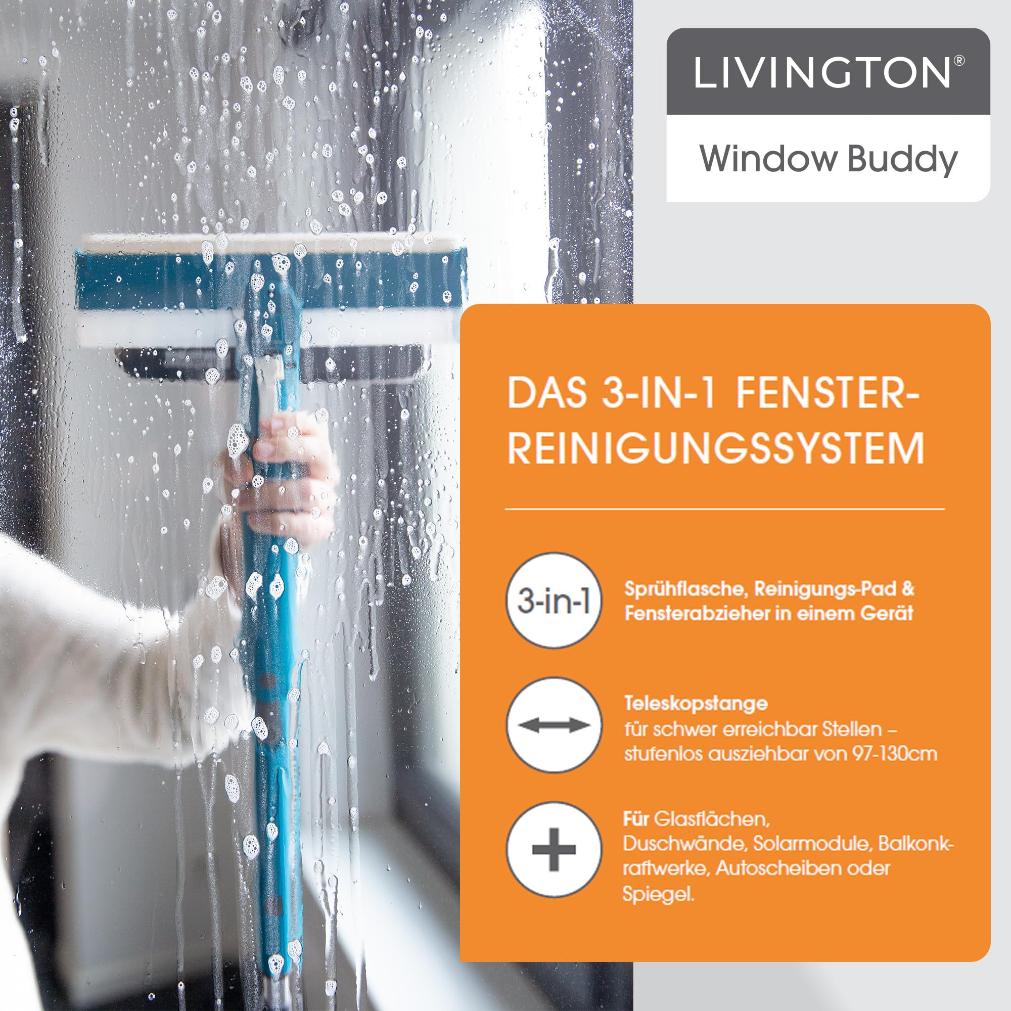 Livington Window Buddy - Doppelpack - 3 in 1 Fensterreinigungsgerät - Fensterabzieher mit Verlängerungsstange - Fensterwischer - Duschabzieher - Für Glasflächen, Fenster, Duschwände, Solarmodule - Image 4