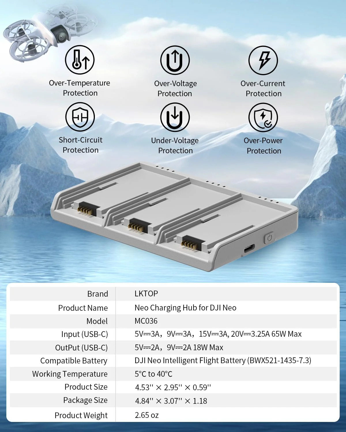 LKTOP Ersatz DJI Neo Zwei-Wege-Ladehub 65W Superschnelles Batterieladegerät USB-C Parallelstromadapter für DJI Neo Drohnenzubehör, Speicher-/Ausgangsmodus (Laden Sie 3 Akkus gleichzeitig:45min) - Image 2