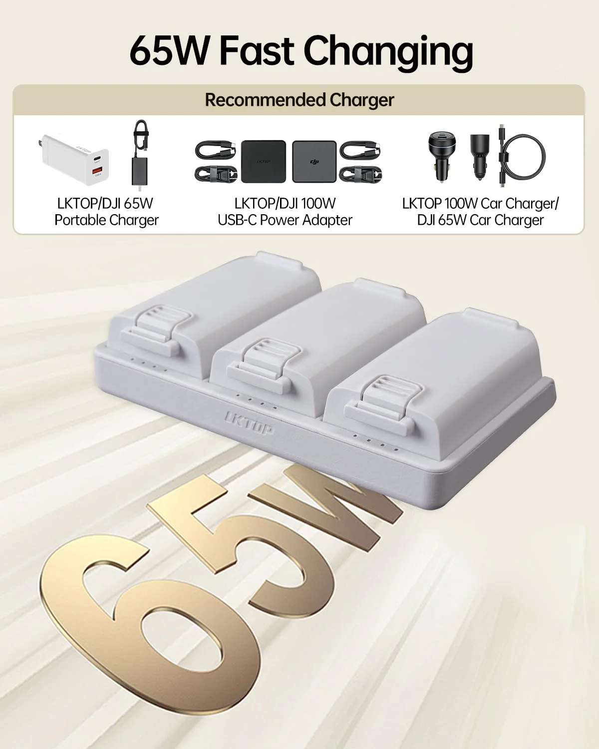 LKTOP Ersatz DJI Neo Zwei-Wege-Ladehub 65W Superschnelles Batterieladegerät USB-C Parallelstromadapter für DJI Neo Drohnenzubehör, Speicher-/Ausgangsmodus (Laden Sie 3 Akkus gleichzeitig:45min) - Image 5
