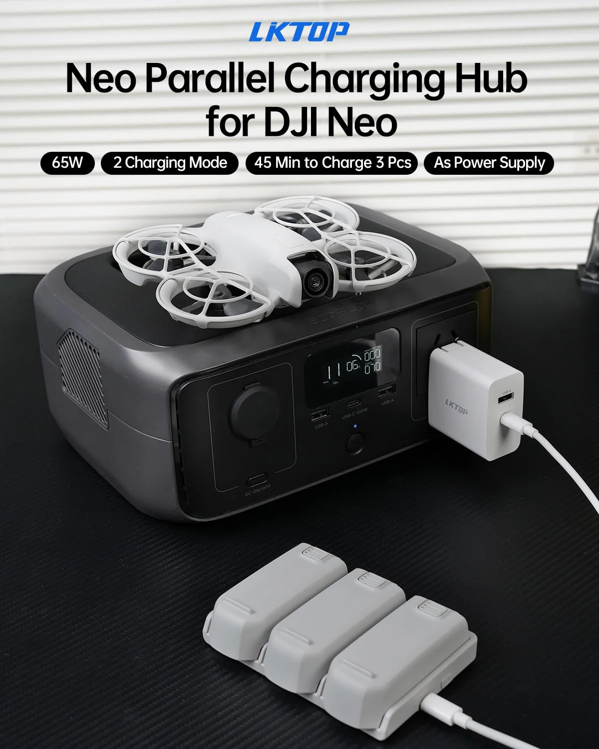 LKTOP Ersatz DJI Neo Zwei-Wege-Ladehub 65W Superschnelles Batterieladegerät USB-C Parallelstromadapter für DJI Neo Drohnenzubehör, Speicher-/Ausgangsmodus (Laden Sie 3 Akkus gleichzeitig:45min) - Image 9