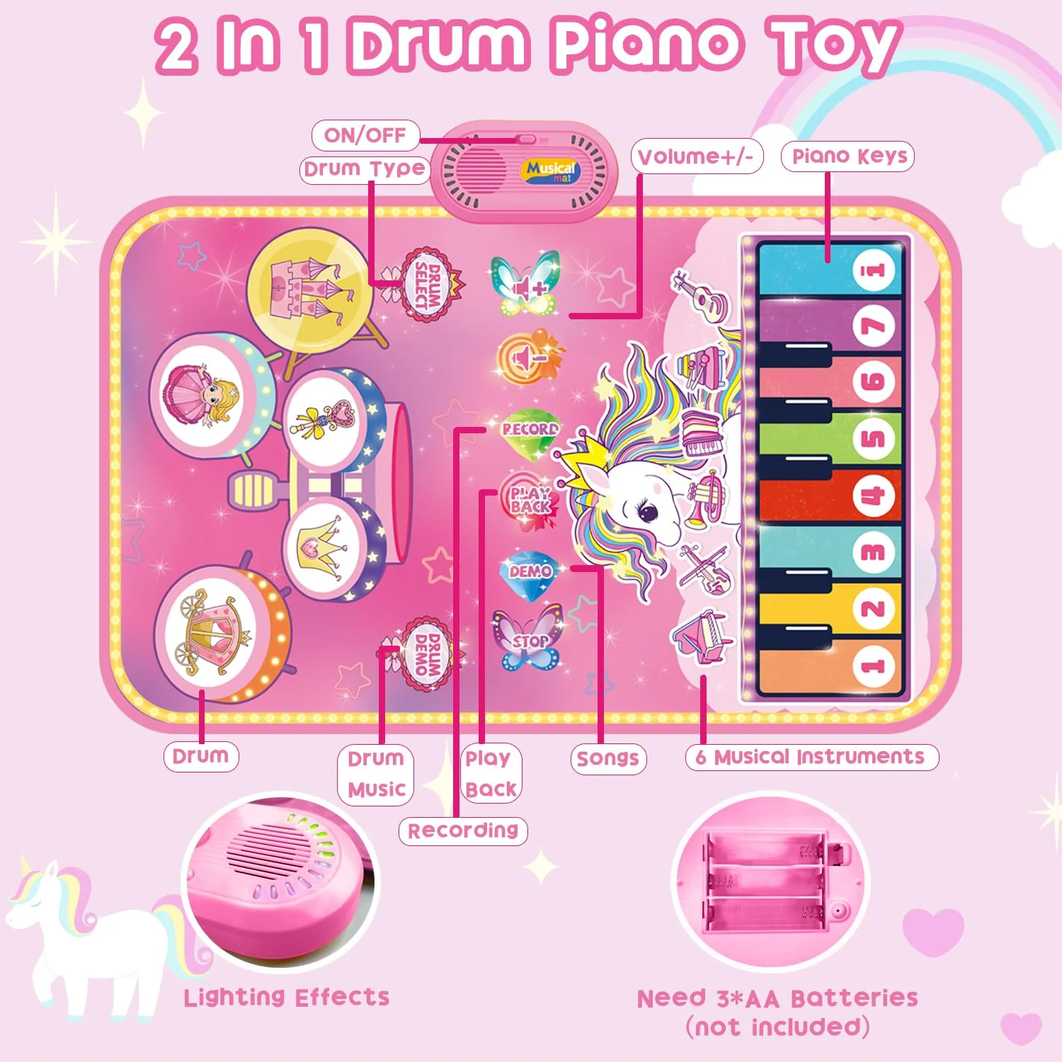 Lobyoh Baby Spielzeug 1 Jähr, 2-in-1-Musikmatte Piano Matte für Kleinkinder, Trommelspielzeug, Prinzessin Geschenke für Mädchen 1 2 3 4 5 Jahren - Image 6