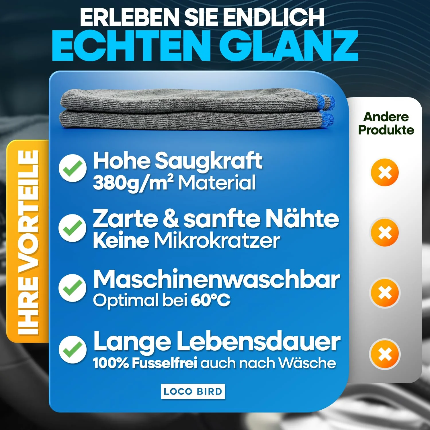Loco Bird saugstarke Microfasertücher in 380GSM - fusselfreie Mikrofasertücher Auto & Haushalt - Putztücher für Küche und Bad - Lappen - Putzlappen, Reinigungstücher, Tücher, Microfasertuch Autopflege - Image 6