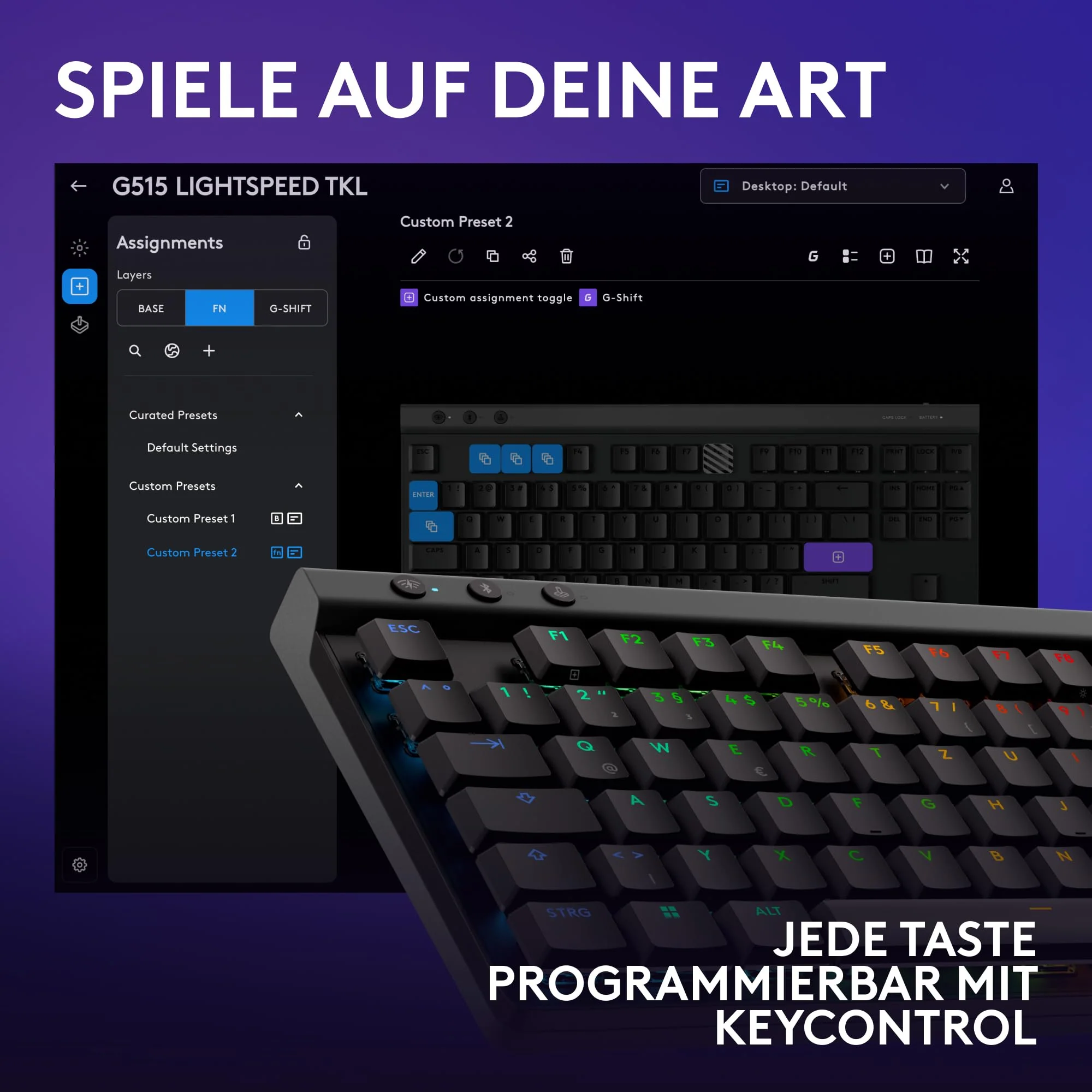 Logitech G G515 LIGHTSPEED TKL kabellose flache Gaming-Tastatur, LIGHTSYNC RGB, dünnes Profil ohne Ziffernblock, PBT-Tastenkappen, lineare mechanische Switches, Deutsches QWERTZ-Layout - Schwarz - Image 5