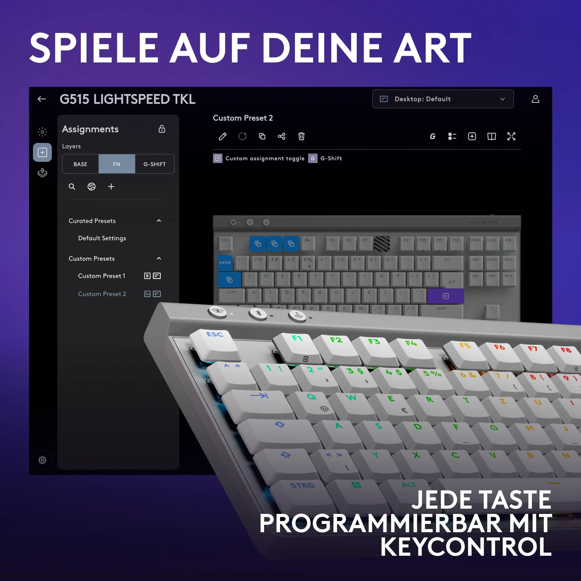 Logitech G G515 LIGHTSPEED TKL kabellose flache Gaming-Tastatur, LIGHTSYNC RGB, dünnes Profil ohne Ziffernblock, PBT-Tastenkappen, taktile mechanische Switches, Deutsches QWERTZ-Layout - Weiß - Image 8