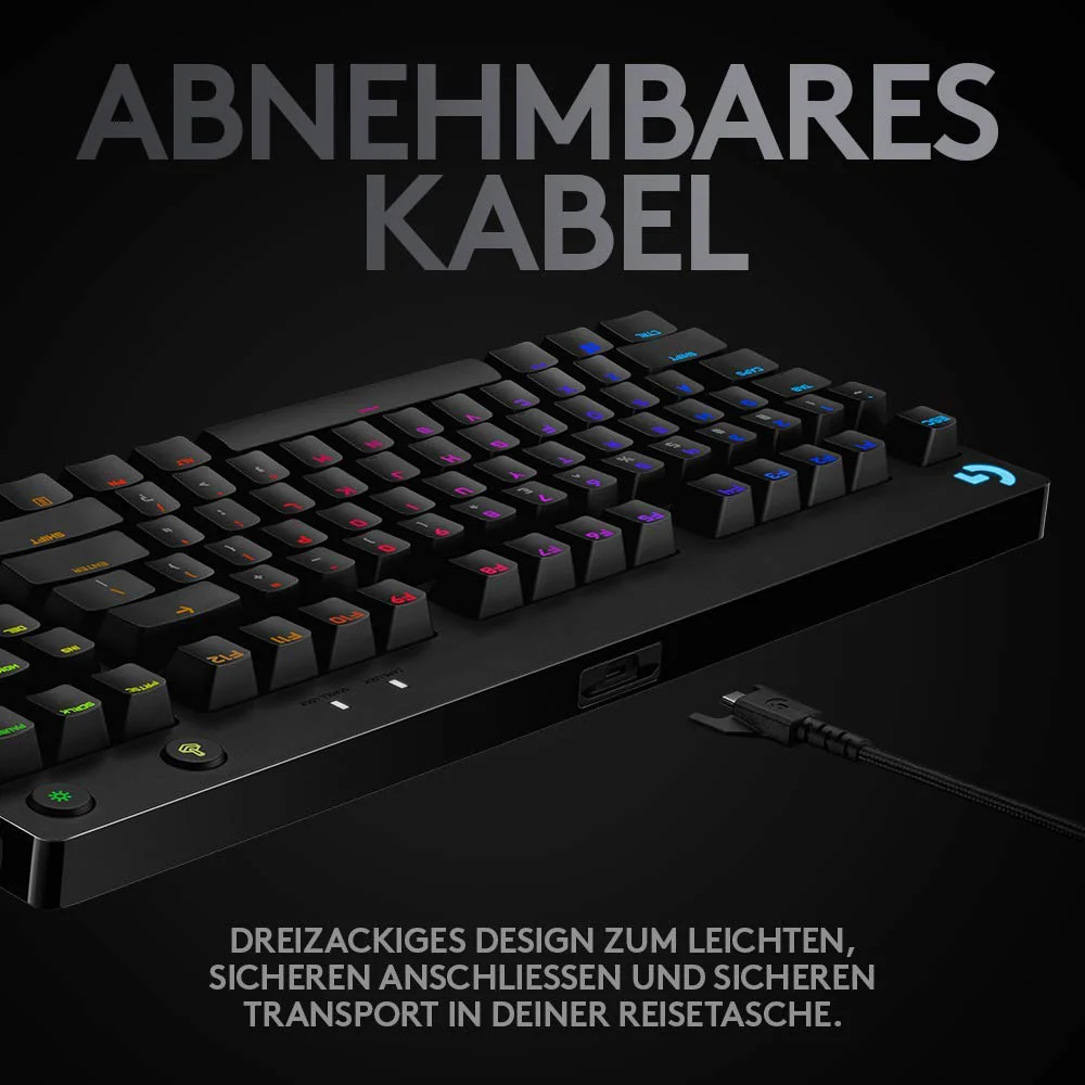 Logitech G PRO Mechanische Gaming-Tastatur – Portable Tenkeyless Design, abnehmbares Micro-USB-Kabel, GX Blue Clicky Switches, LIGHTSYNC RGB Backlit Keys, QWERTZ Deutsch, PC,Mac - Schwarz - Image 3