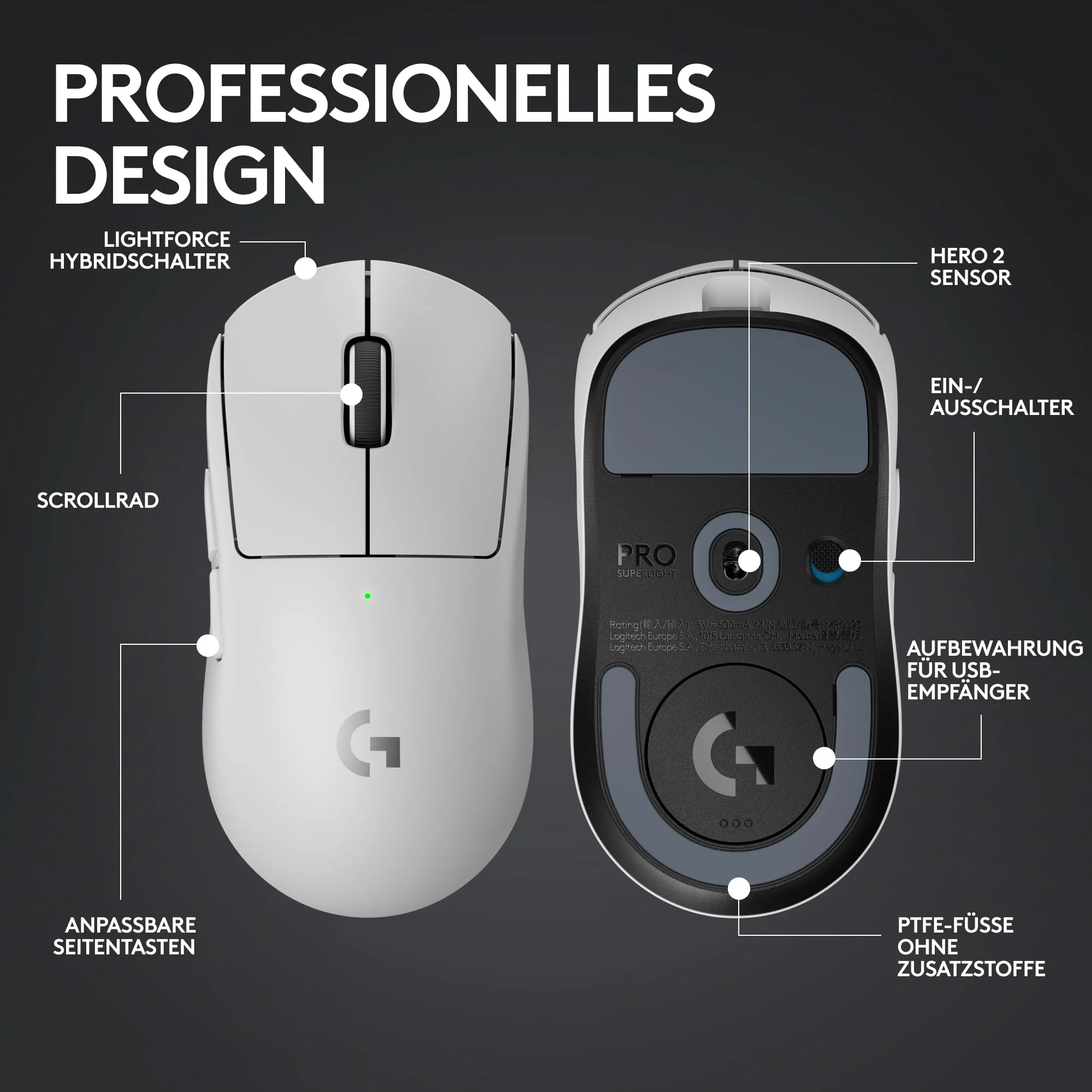 Logitech G PRO X SUPERLIGHT 2 LIGHTSPEED Kabellose Gaming-Maus, Lightweight, 60g, 8K-Abrufrate, LIGHTFORCE Hybrid-Schalter, HERO 2 Sensor, 44K DPI, 5 programmierbare Tasten, USB-C, PC/Mac - Weiß - Image 4