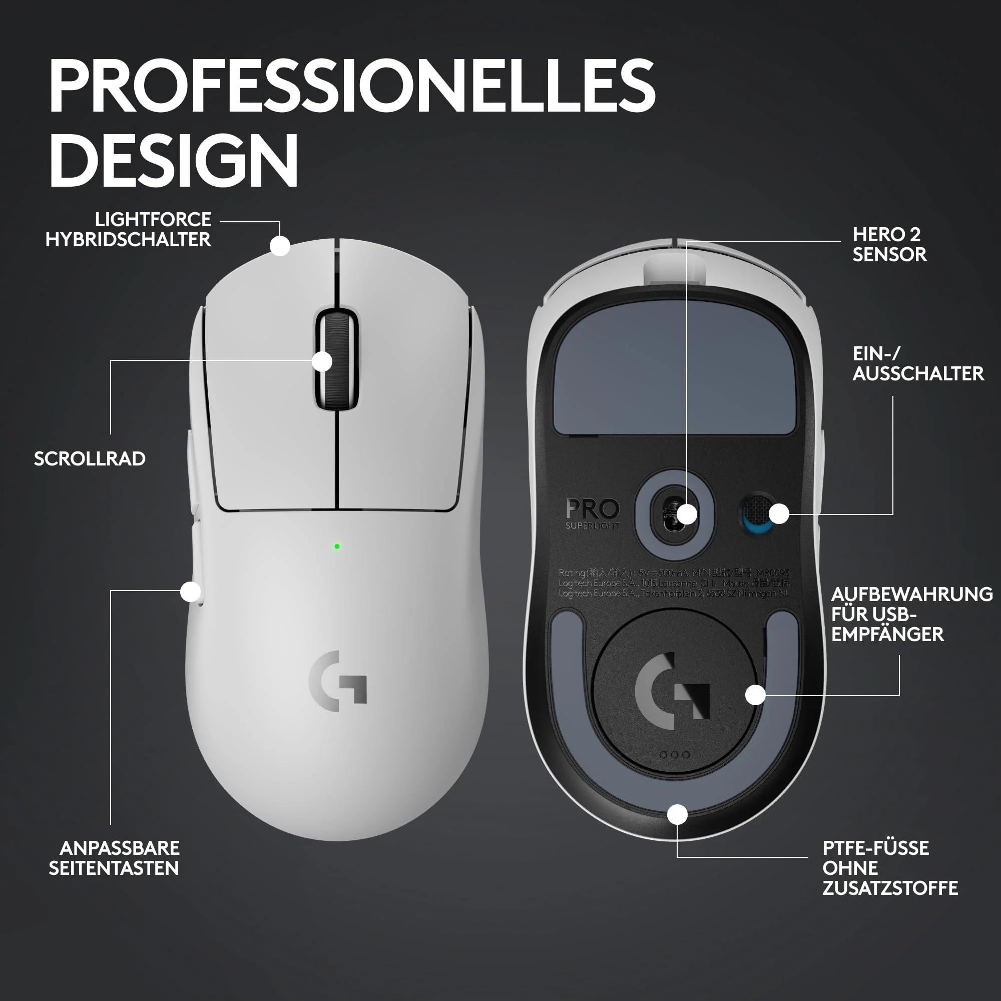 Logitech G PRO X SUPERLIGHT 2 LIGHTSPEED Kabellose Gaming-Maus, West Europa Verpackung, Lightweight, 60g, 8K-Abrufrate, 44K DPI, 5 programmierbare Tasten, USB-C, PC & Mac - Weiß - Image 5