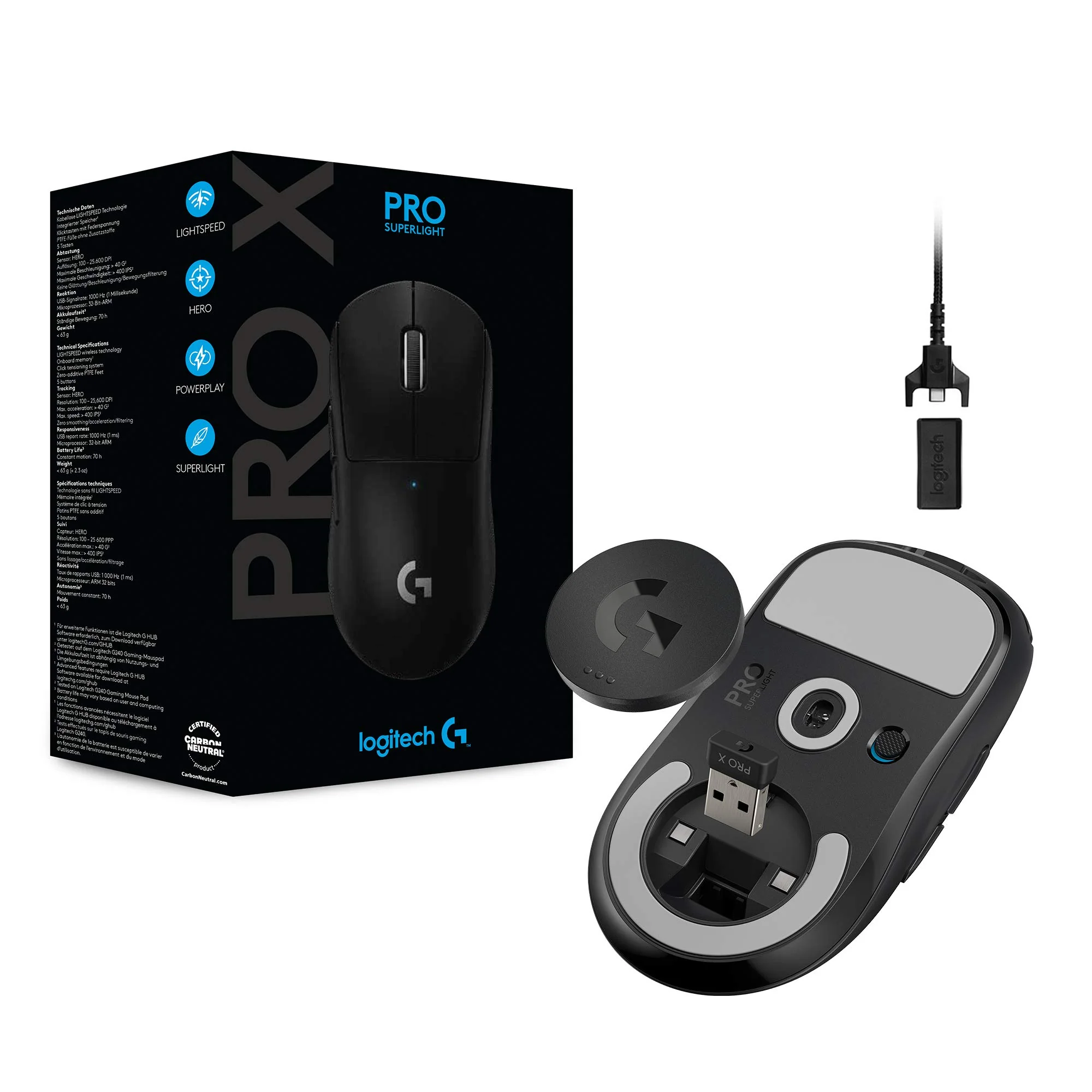 Logitech G PRO X SUPERLIGHT kabellose Gaming-Maus mit HERO 25K Sensor, Ultra-leicht mit 63g, 5 programmierbare Tasten, 70 Stunden Akkulaufzeit, PTFE-Füße ohne Zusatzstoffe, PC/Mac - Schwarz - Image 7