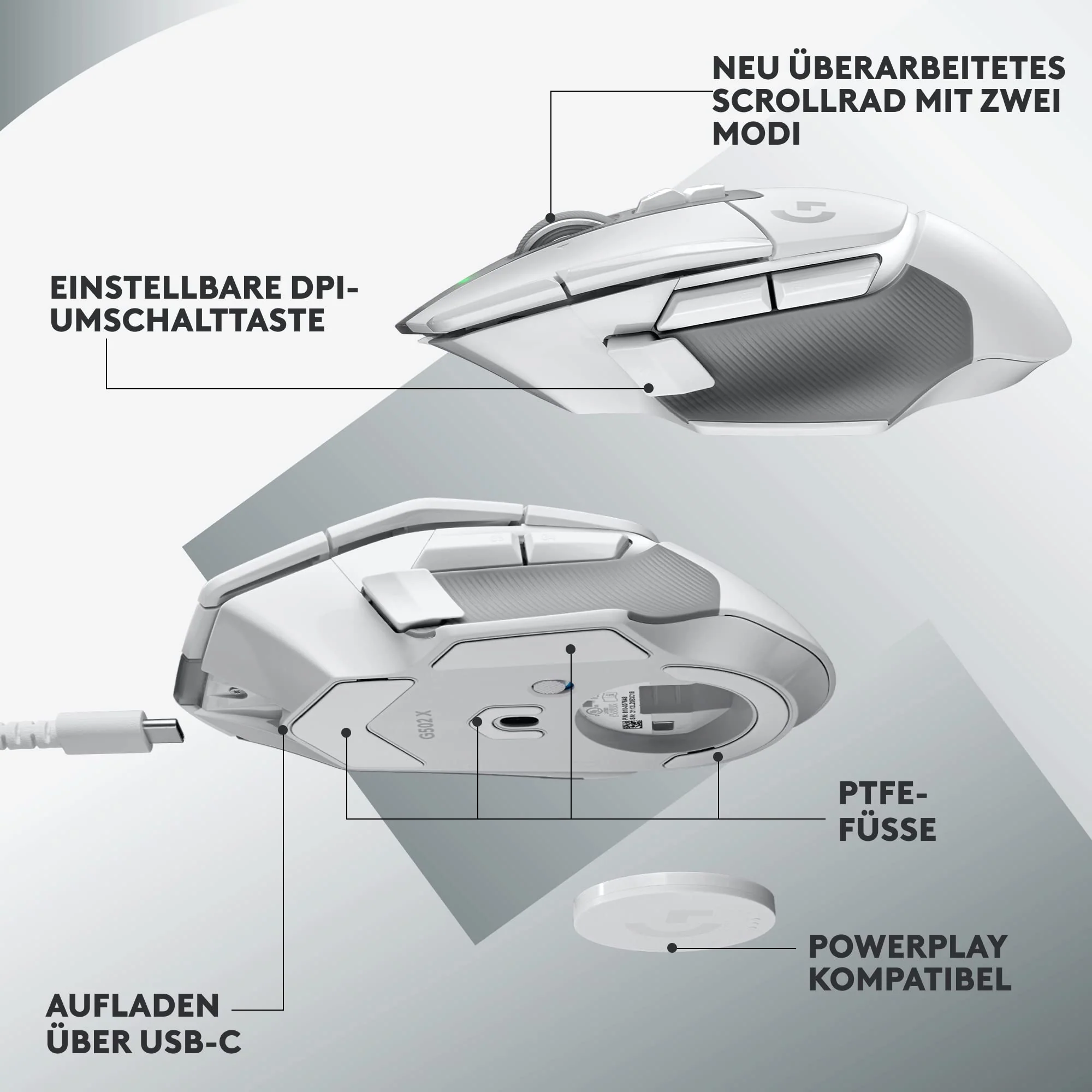 Logitech G502 X LIGHTSPEED Kabellose Gaming-Maus - Optische Maus mit optisch-mechanischen LIGHTFORCE Hybridschaltern, HERO 25K Gaming-Sensor, Kompatibel mit PC - macOS/Windows - Weiß - Image 2