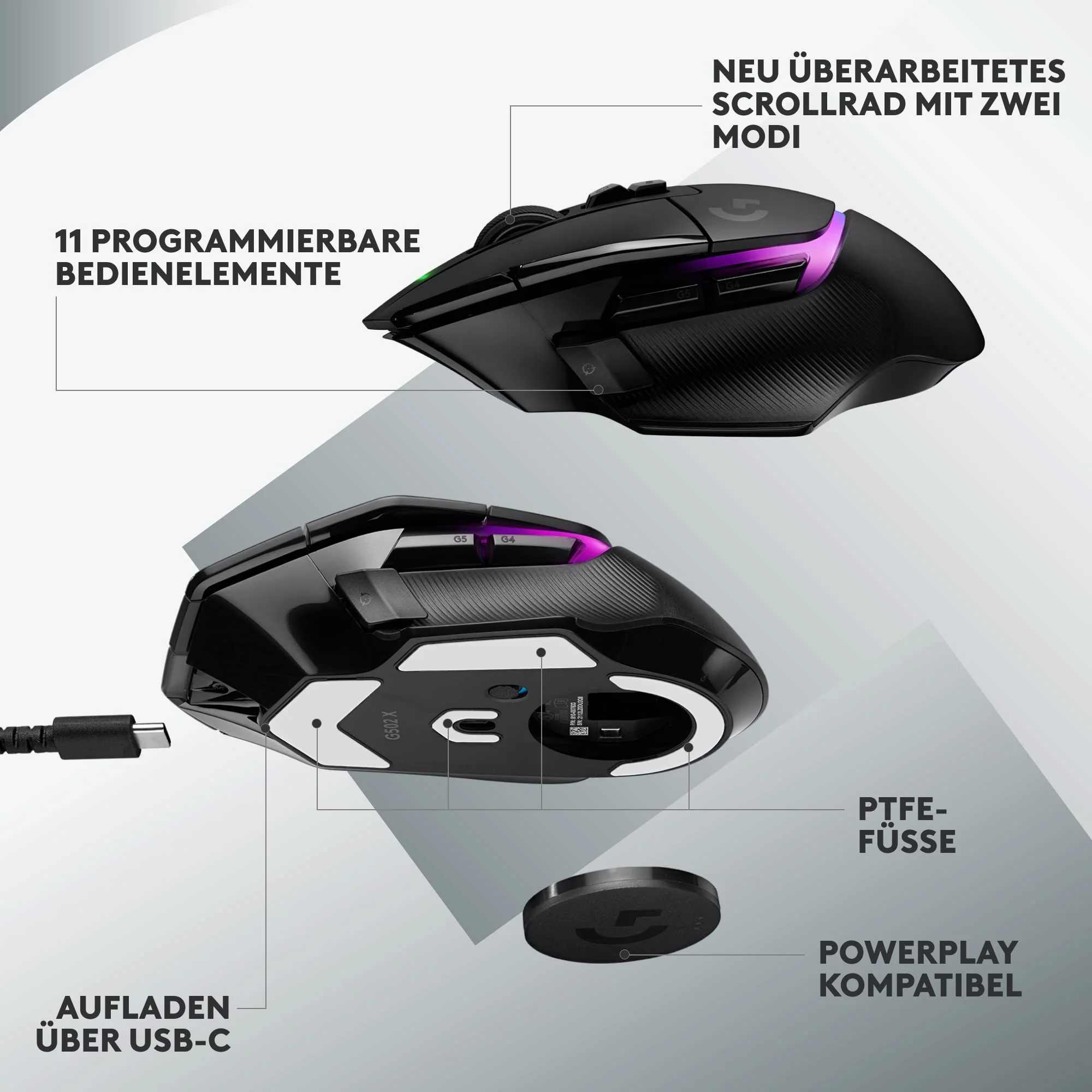 Logitech G502 X PLUS LIGHTSPEED Kabellose RGB-Gaming-Maus - Optische Maus mit LIGHTFORCE Hybridschaltern, LIGHTSYNC RGB, HERO 25K Gaming-Sensor, Kompatibel mit PC - macOS/Windows - Schwarz - Image 4