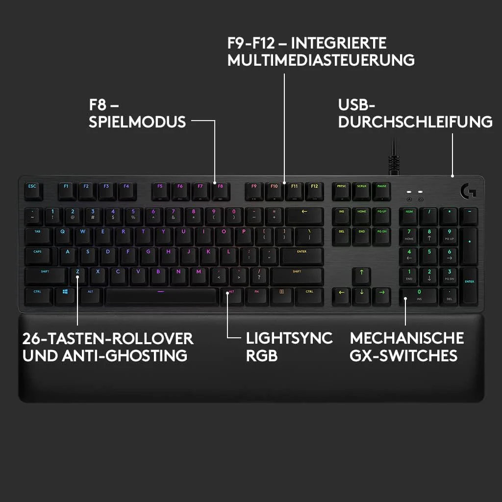 Logitech G513 mechanische Gaming-Tastatur, GX Brown Taktile Switches, RGB-Beleuchtung, USB-Durchschleife, Handballenauflage mit Memory Foam, Aluminium-Gehäuse, Deutsches QWERTZ-Layout - Carbon/Schwarz - Image 16