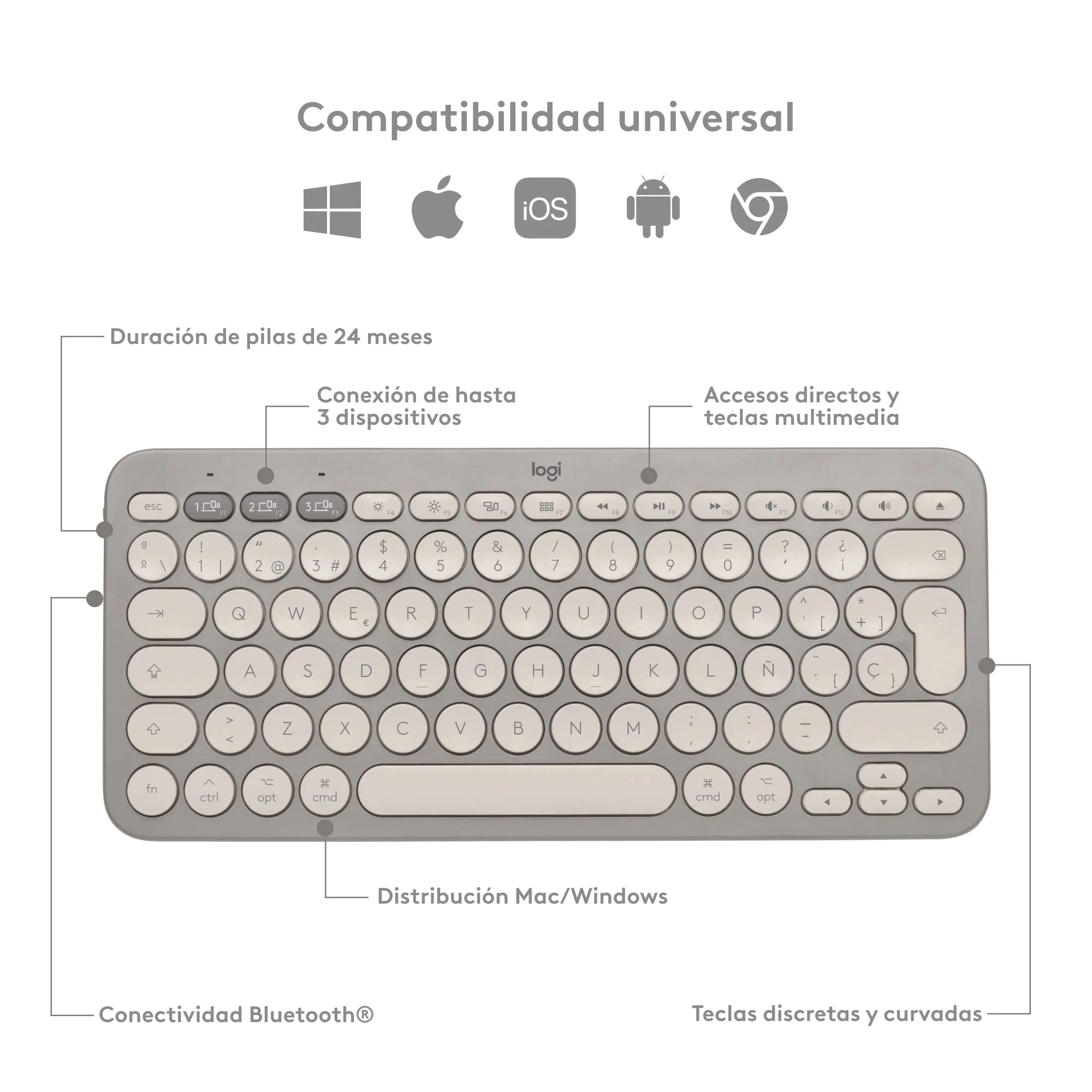 Logitech K380 Multi-Device Bluetooth Wireless Keyboard, Spanisches QWERTY - Sand - Image 2