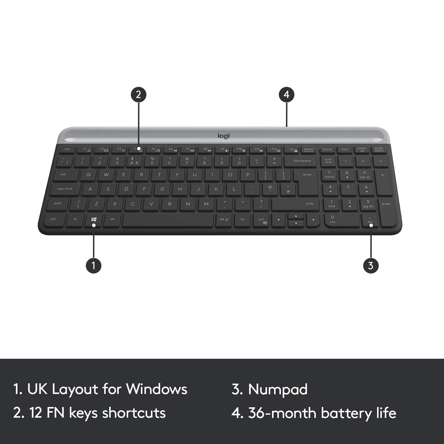 Logitech MK470 Slim Combo Kabelloses Tastatur-Maus-Set, 2.4 GHz Verbindung via Nano-USB-Empfänger, 10m Reichweite, 18-Monate Batterielaufzeit, PC/Laptop, Skand. QWERTY-Layout - Graphit - Image 9