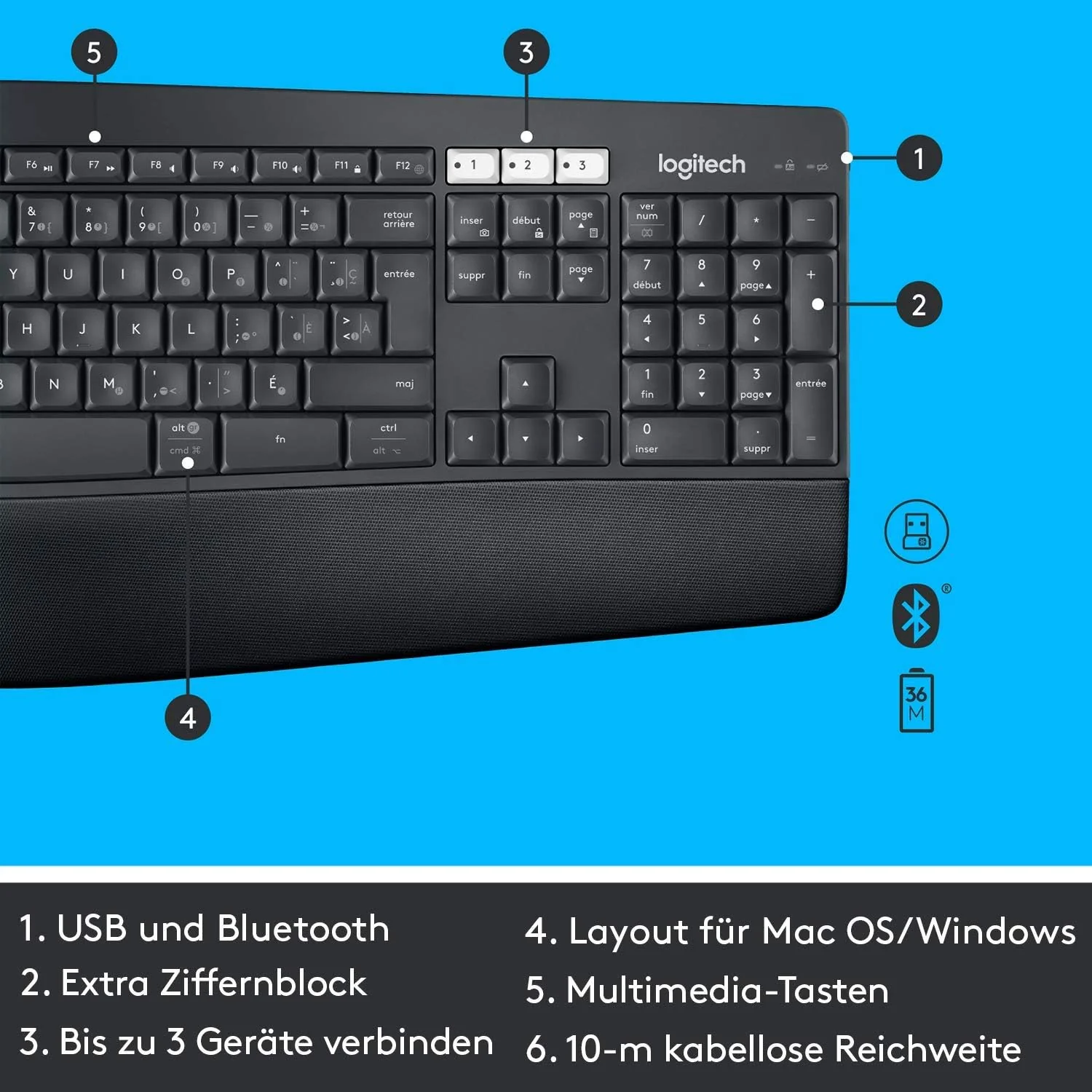 Logitech MK850 Performance Kabelloses Tastatur-Maus-Set, Bluetooth, 2.4 GHz Verbindung via USB-Empfänger, 24 bis 36-Monate Akkuleistung, Handballenauflage, Deutsches QWERTZ-Layout, Schwarz - Image 6