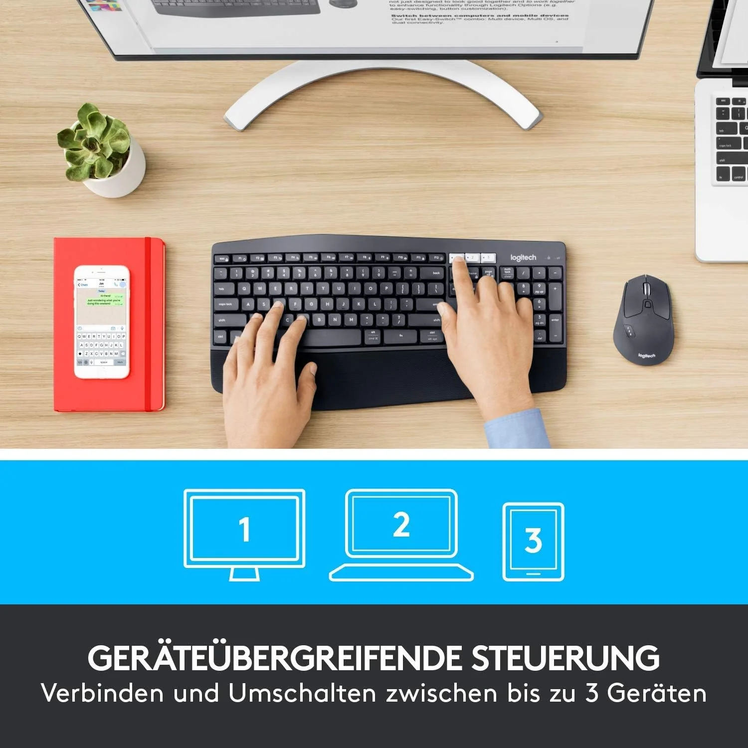 Logitech MK850 Performance Kabelloses Tastatur-Maus-Set, Bluetooth, 2.4 GHz Verbindung via USB-Empfänger, 24 bis 36-Monate Akkuleistung, Handballenauflage, Deutsches QWERTZ-Layout, Schwarz - Image 7