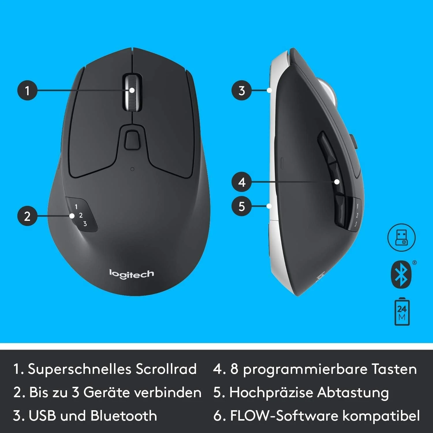 Logitech MK850 Performance Kabelloses Tastatur-Maus-Set, Bluetooth, 2.4 GHz Verbindung via USB-Empfänger, 24 bis 36-Monate Akkuleistung, Handballenauflage, Deutsches QWERTZ-Layout, Schwarz - Image 8