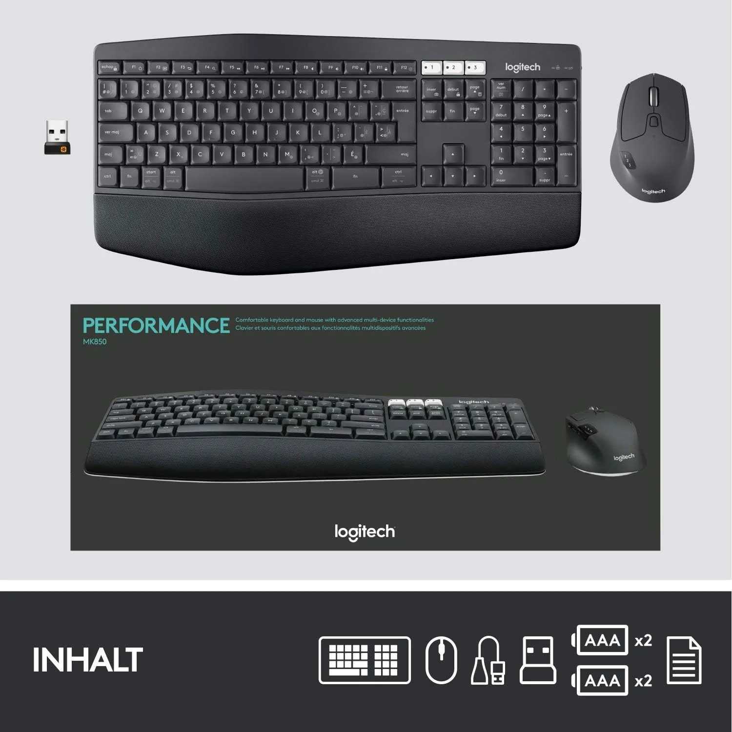 Logitech MK850 Performance Kabelloses Tastatur-Maus-Set, Bluetooth, 2.4 GHz Verbindung via USB-Empfänger, 24 bis 36-Monate Akkuleistung, Handballenauflage, Deutsches QWERTZ-Layout, Schwarz - Image 9