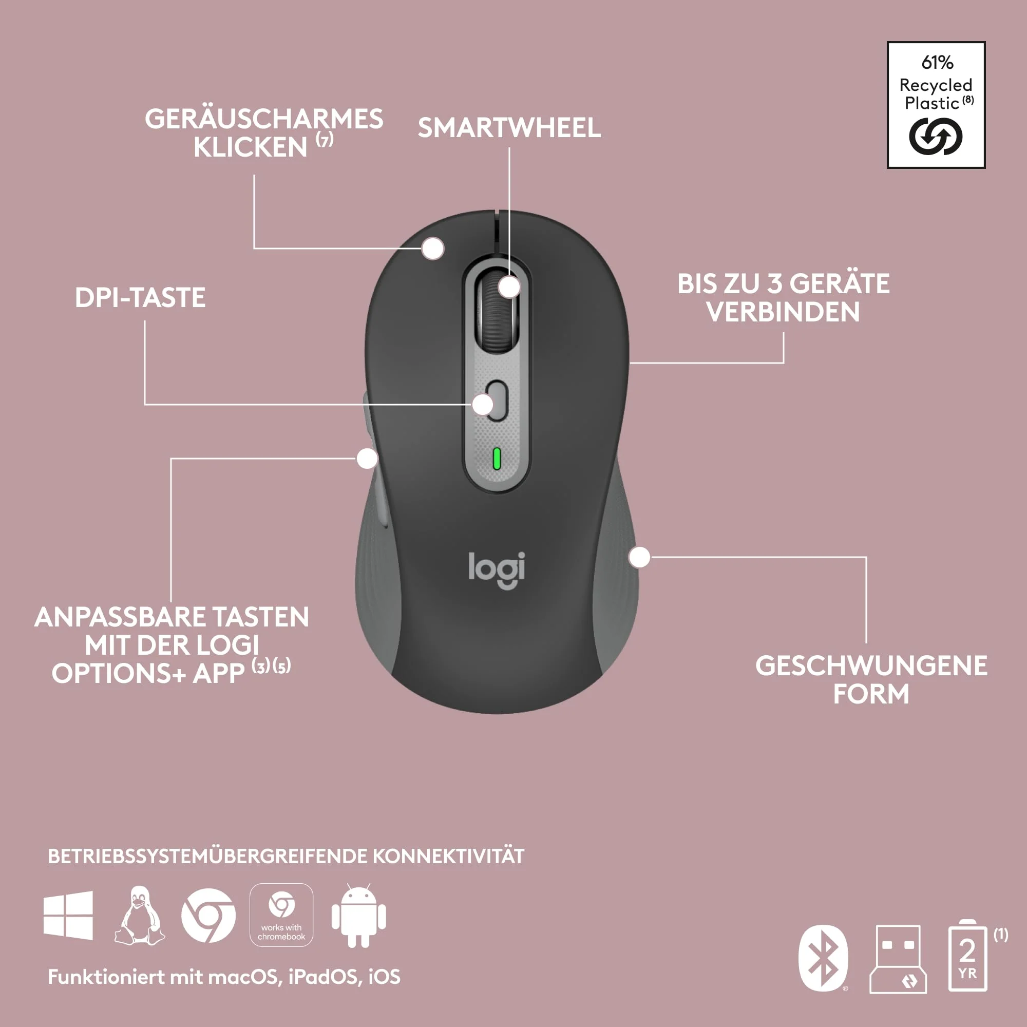 Logitech MK950 Signature Slim kabelloses Tastatur-Maus-Set, schlankes Design, leise tippen, Wechsel zwischen DREI Geräten, Bluetooth, mehrere Betriebssysteme, Windows, Mac, DEU QWERTZ-Layout, Graphit - Image 21