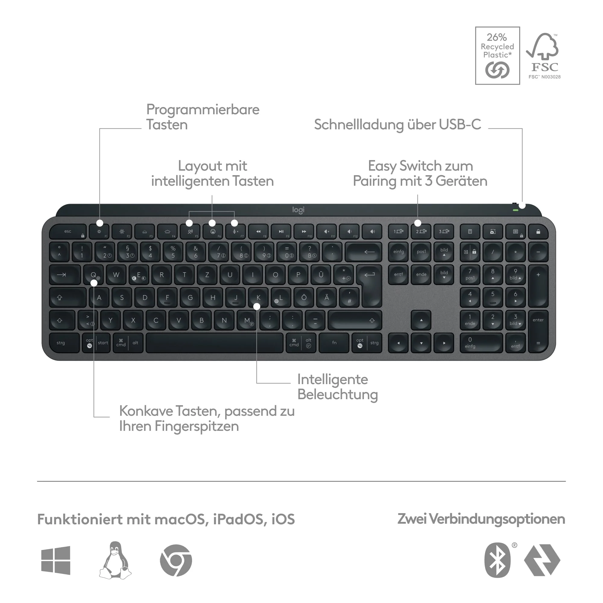 Logitech MX Keys S kabellose Tastatur, Low Profile, Precise Quiet Typing, Programmable , Backlighting, Bluetooth, Rechargeable, für Windows PC/Linux/Chrome/Mac - Graphit, Deutsches QWERTZ-Layout - Image 8