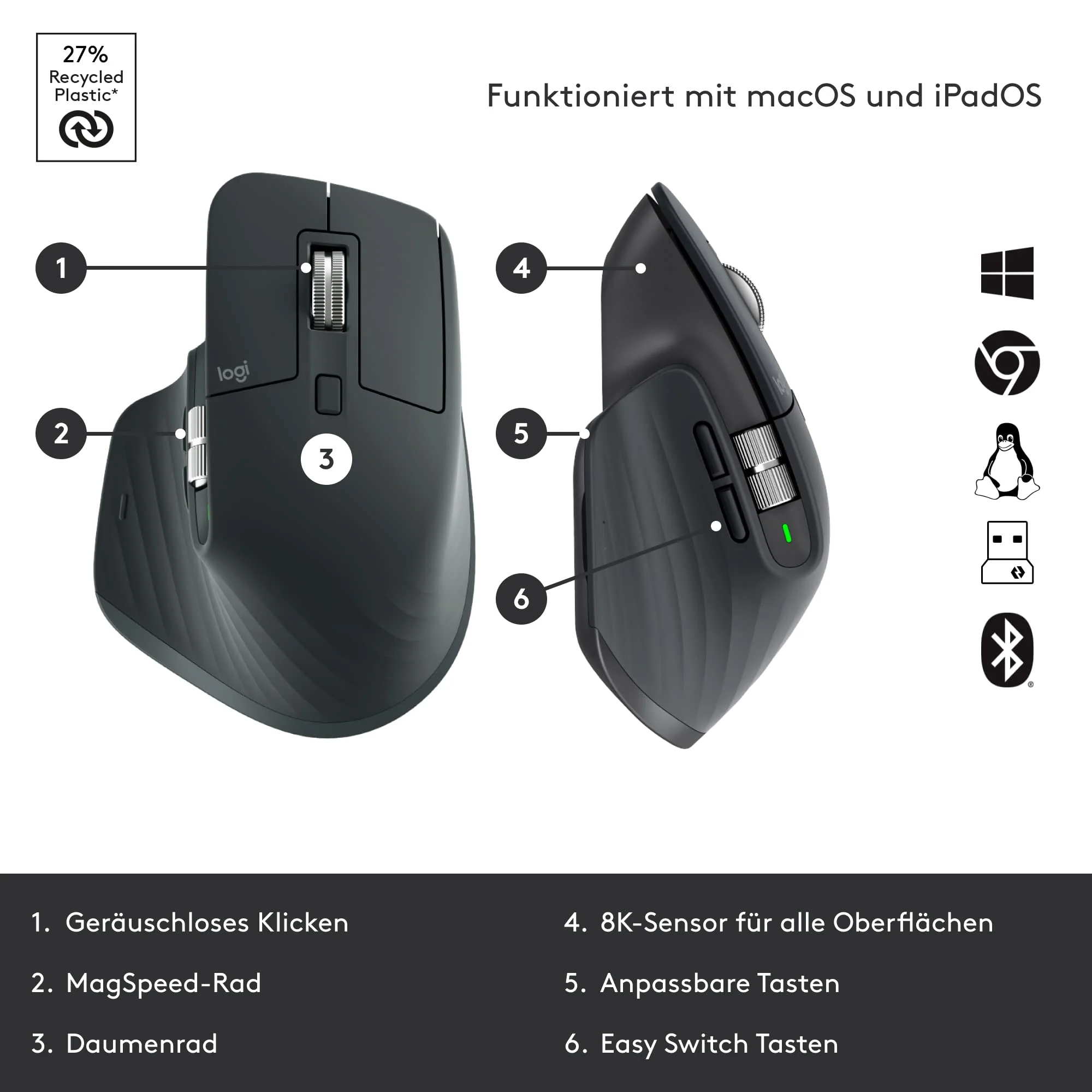 Logitech MX Mechanical kabellose beleuchtete Tastatur Standardgröße Linear, MX Master 3S kabellose Hochleistungs-Bluetooth-Maus, macOS, Windows, Linux, iOS, Android, DEU QWERTZ - Grau - Image 4