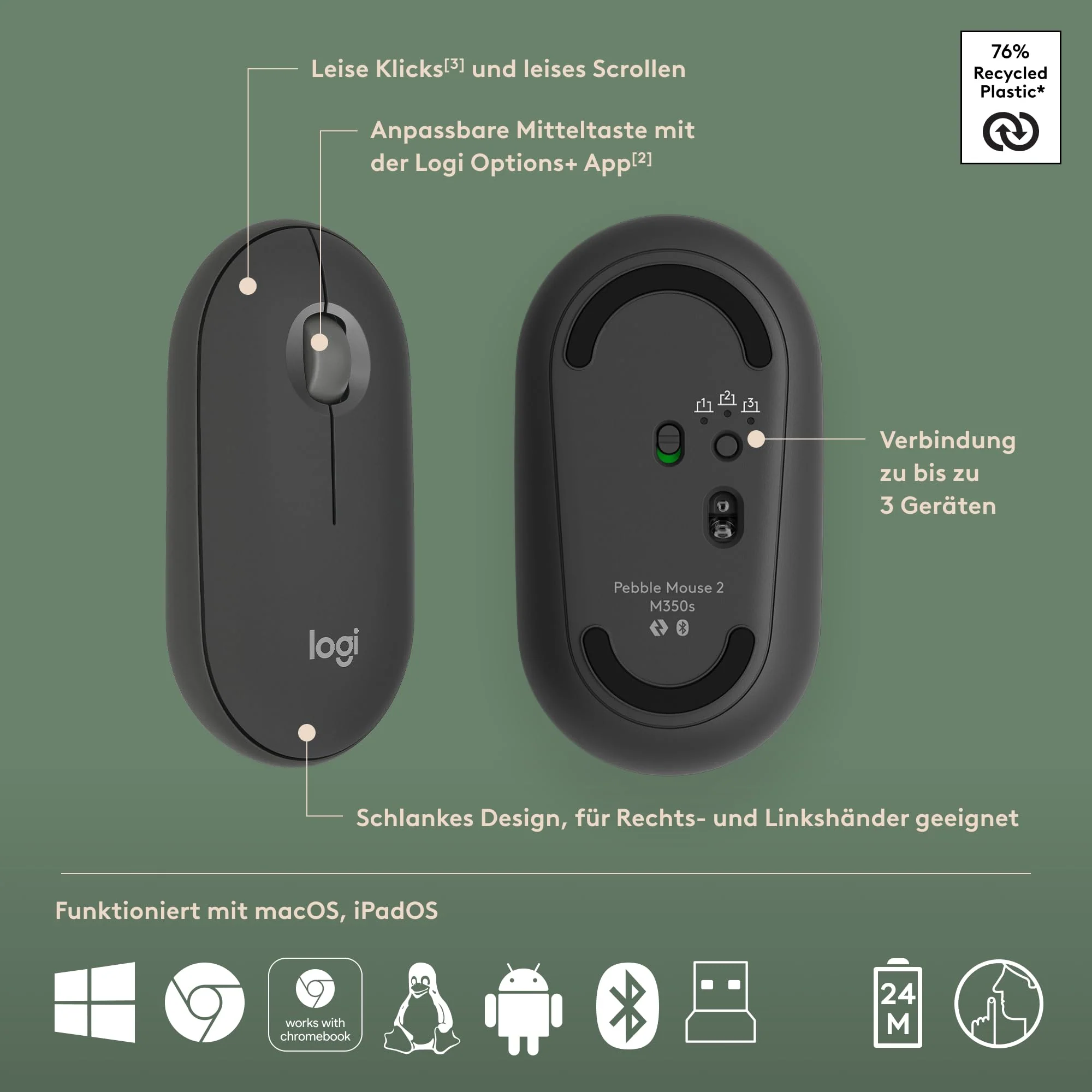 Logitech Pebble 2 Combo, kabellose Tastatur und Maus, leise und mobil, anpassbar, Logi Bolt, Bluetooth, Easy-Switch für Windows, macOS, iPadOS, Chrome, Deutsches QWERTZ-Layout, Grafit - Image 6
