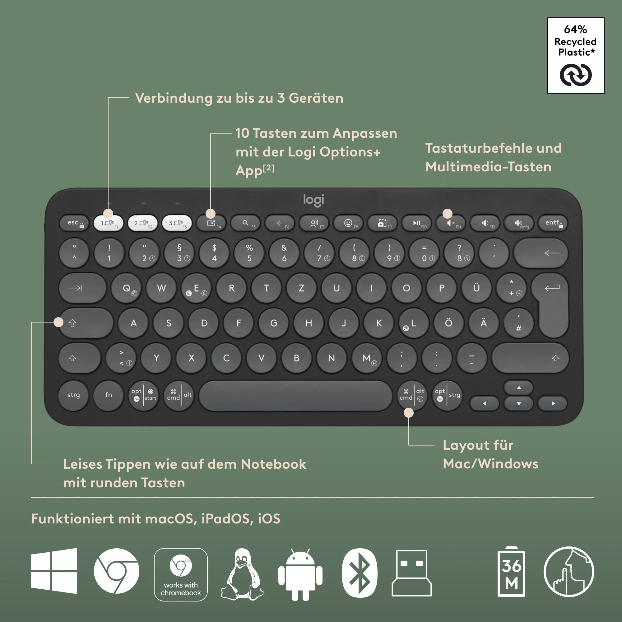 Logitech Pebble 2 Combo, kabellose Tastatur und Maus, leise und mobil, anpassbar, Logi Bolt, Bluetooth, Easy-Switch für Windows, macOS, iPadOS, Chrome, Deutsches QWERTZ-Layout, Grafit - Image 8