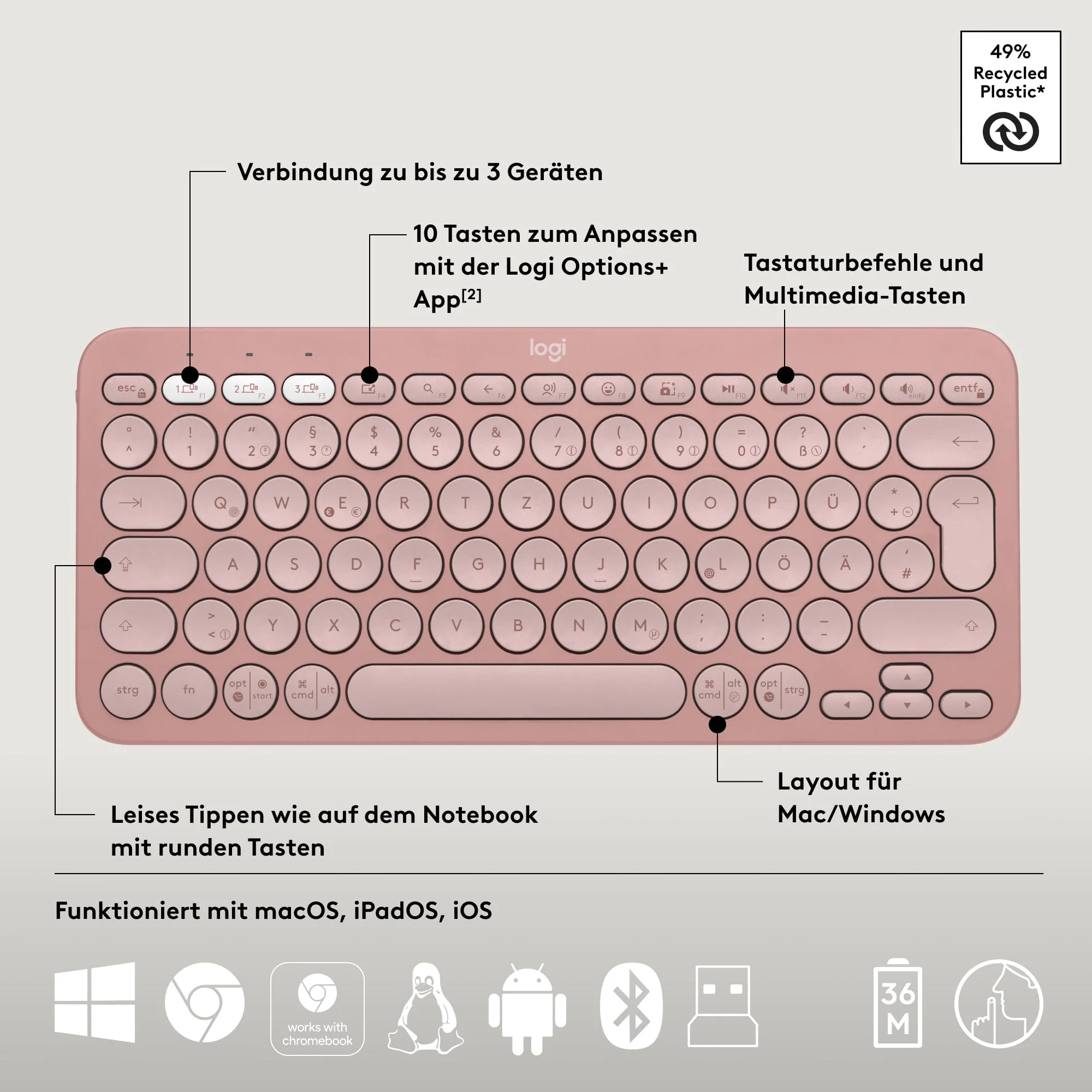 Logitech Pebble 2 Combo, kabellose Tastatur und Maus, leise und mobil, anpassbar, Logi Bolt, Bluetooth, Easy-Switch für Windows, macOS, iPadOS, Chrome - Deutsches QWERTZ-Layout, Rosa - Image 10
