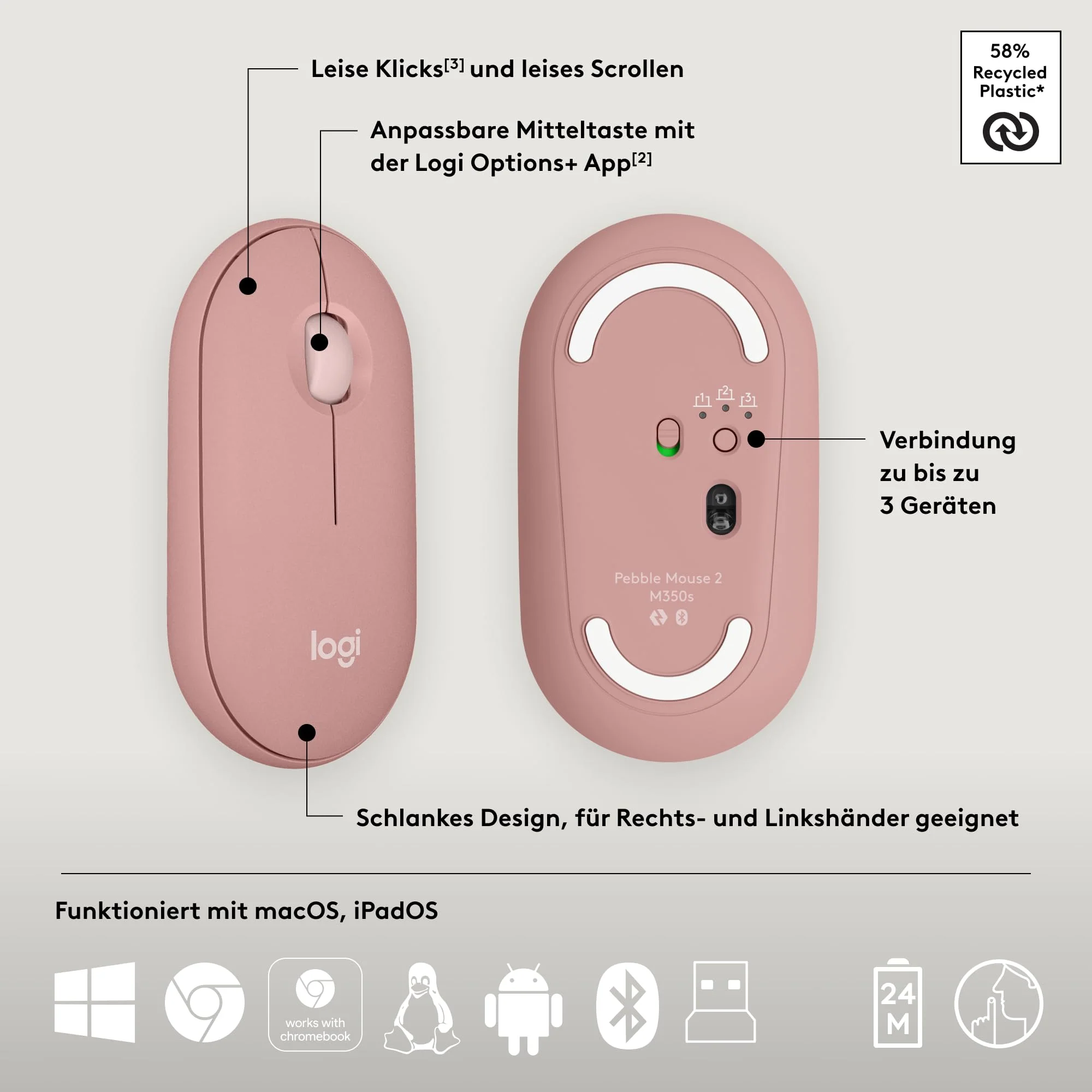 Logitech Pebble 2 Combo, kabellose Tastatur und Maus, leise und mobil, anpassbar, Logi Bolt, Bluetooth, Easy-Switch für Windows, macOS, iPadOS, Chrome - Deutsches QWERTZ-Layout, Rosa - Image 3