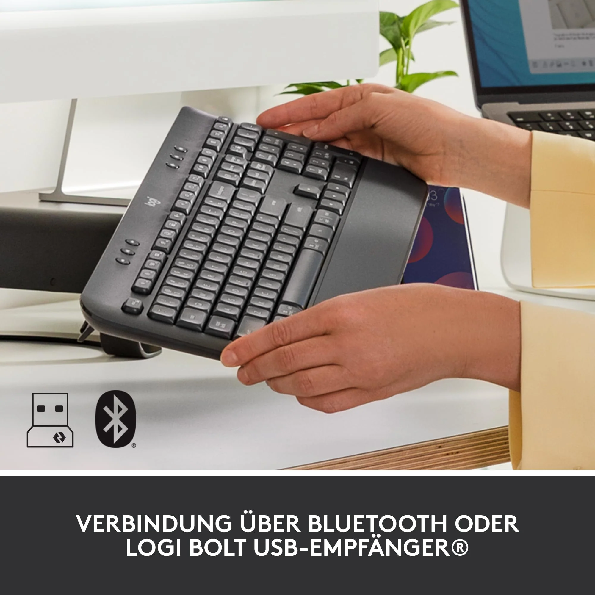Logitech Signature K650 Comfort kabellose Tastatur mit Handballenauflage, BLE Bluetooth/Logi Bolt USB-Empfänger, Soft-Touch-Tastatur, Numpad, PC/Windows/Mac, Deutsches QWERTZ - Grau - Image 7