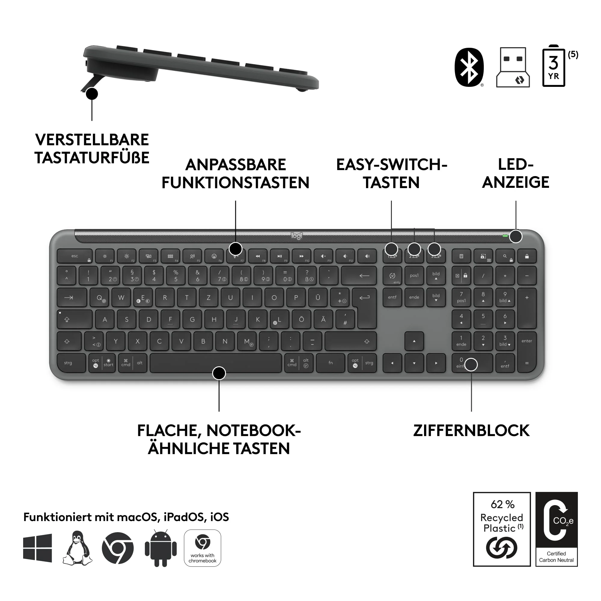 Logitech Signature Slim MK950 for Business kabelloses Tastatur-Maus-Set, leises Tippen, sicherer Empfänger, Bluetooth, weltweit Zertifiziert, Windows/Mac/Chrome/Linux, DEU QWERTZ-Layout, Grafit - Image 2
