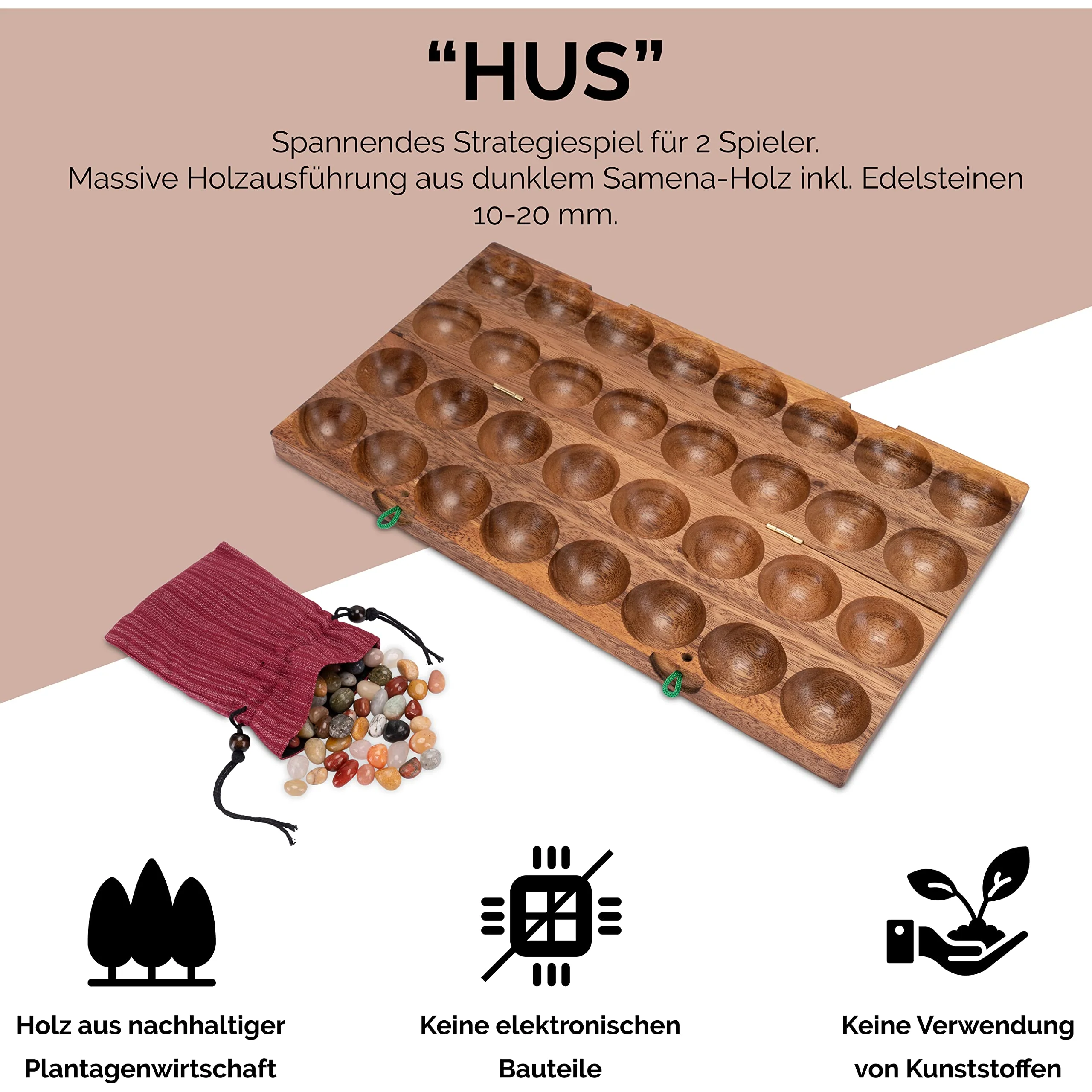 LOGOPLAY Hus - Bao - Kalaha - Mancala - Steinchenspiel - Edelsteinspiel aus Samena-Holz inkl. Edelsteinen - Image 6