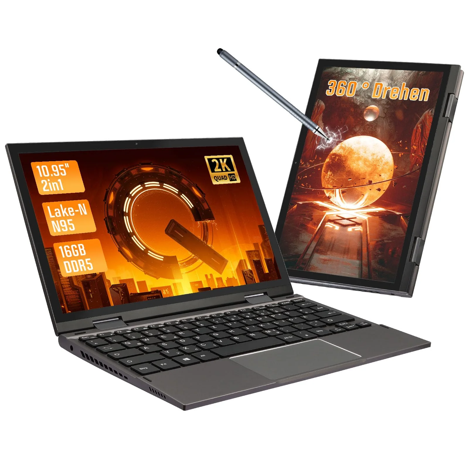 LONGEVINCE Mini Laptop, 10,95 Zoll Ultrabook Laptop, 2000 * 1200 Touch Display, Celeron N95 (bis zu 3,4 GHz),16 GB DDR5 RAM,Convertible,QWERTZ Tastatur,Windows 11,2X Type-C,BT 5.0 (Grau, 16G+960G)
