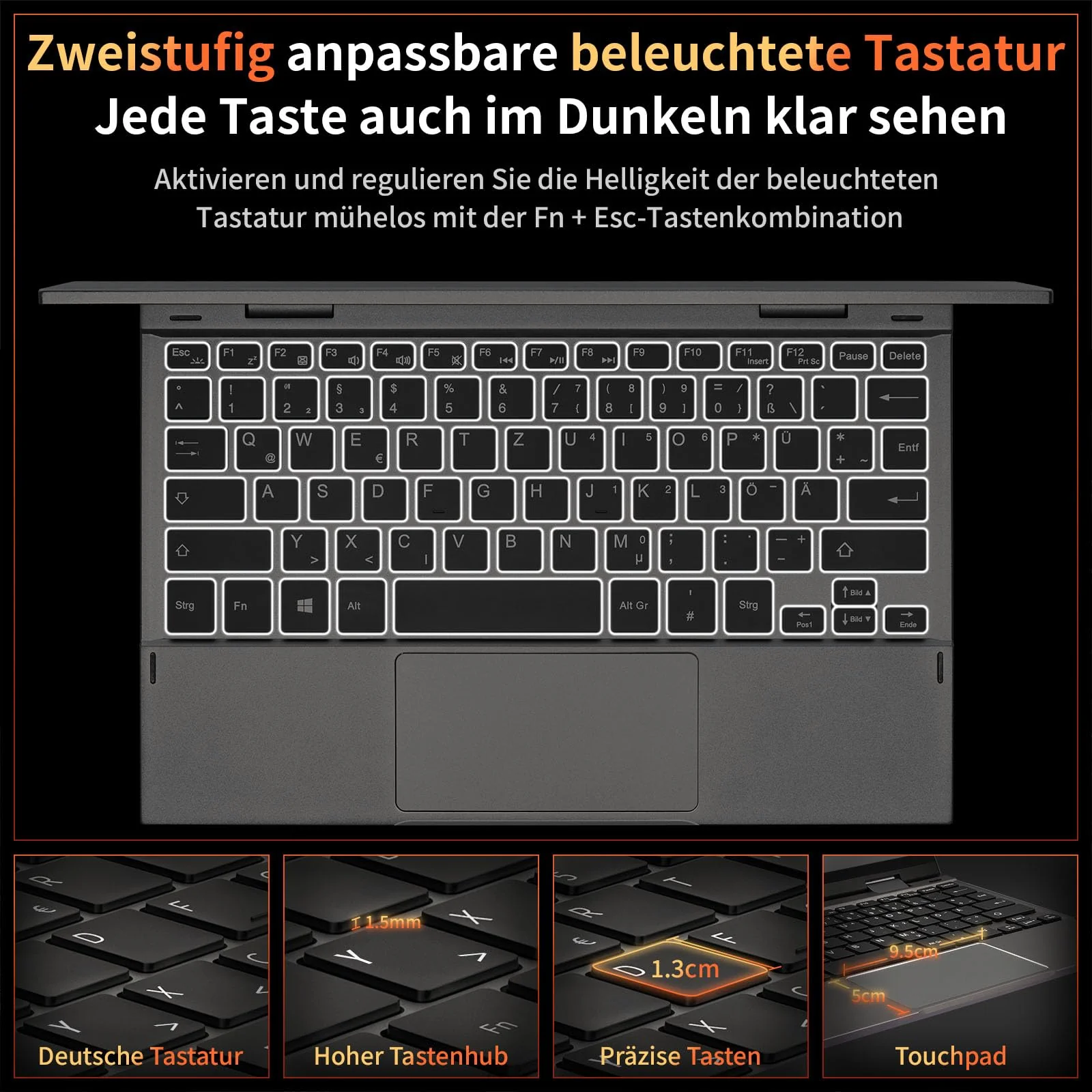 LONGEVINCE Mini Laptop, 10,95 Zoll Ultrabook Laptop, 2000 * 1200 Touch Display, Celeron N95 (bis zu 3,4 GHz),16 GB DDR5 RAM,Convertible,QWERTZ Tastatur,Windows 11,2X Type-C,BT 5.0 (Grau, 16G+960G) - Image 5