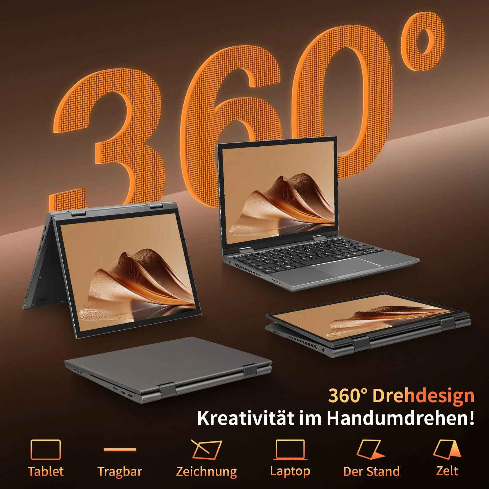 LONGEVINCE Mini Laptop, 10,95 Zoll Ultrabook Laptop, 2000 * 1200 Touch Display, Celeron N95 (bis zu 3,4 GHz),16 GB DDR5 RAM,Convertible,QWERTZ Tastatur,Windows 11,2X Type-C,BT 5.0 (Grau, 16G+960G) - Image 7