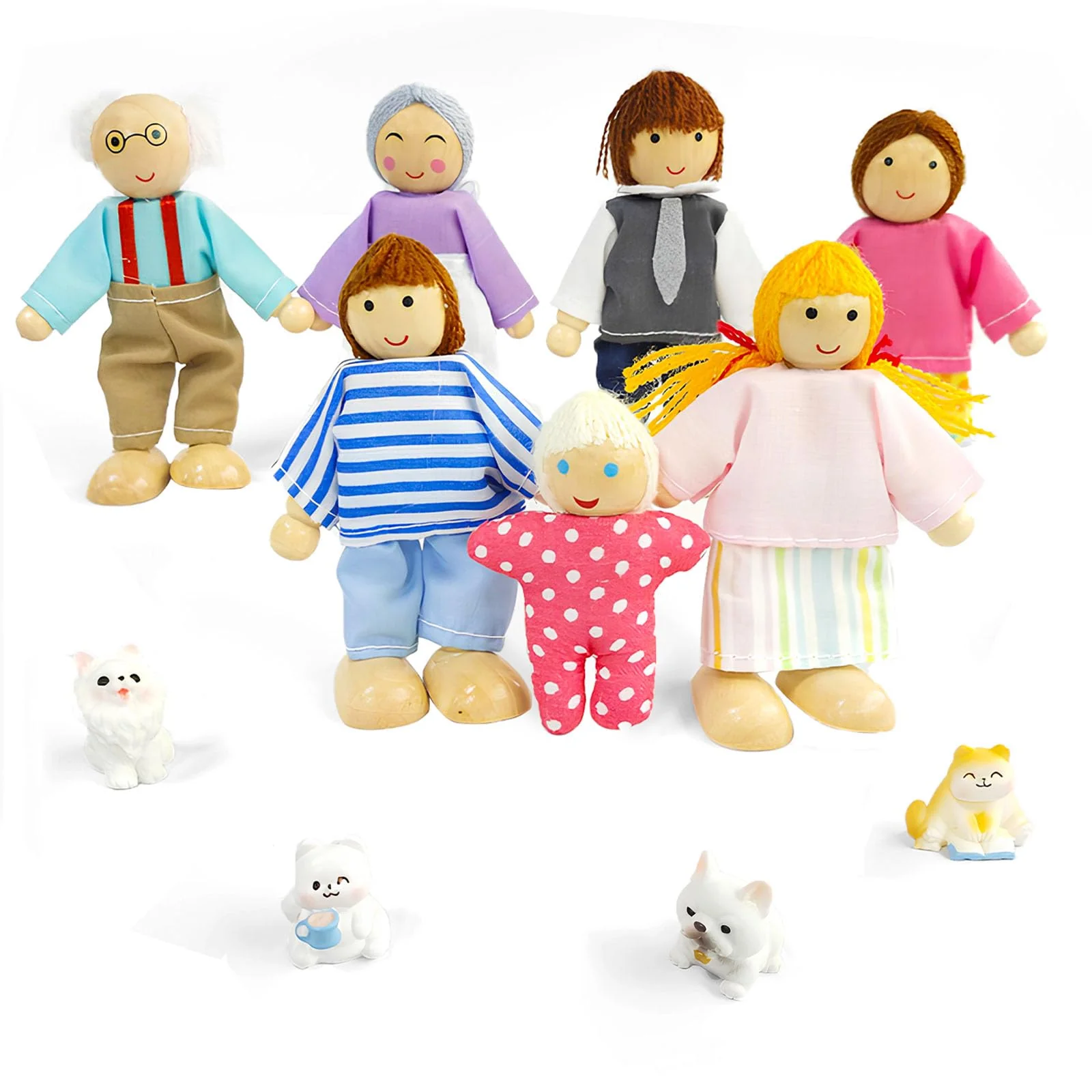 Lonsien Puppen Puppenhaus Figuren 11 Stück Hölzerne Puppenfamilie Biegepuppen mit Katze und Hund für Puppenhaus Zubehör Geschenk