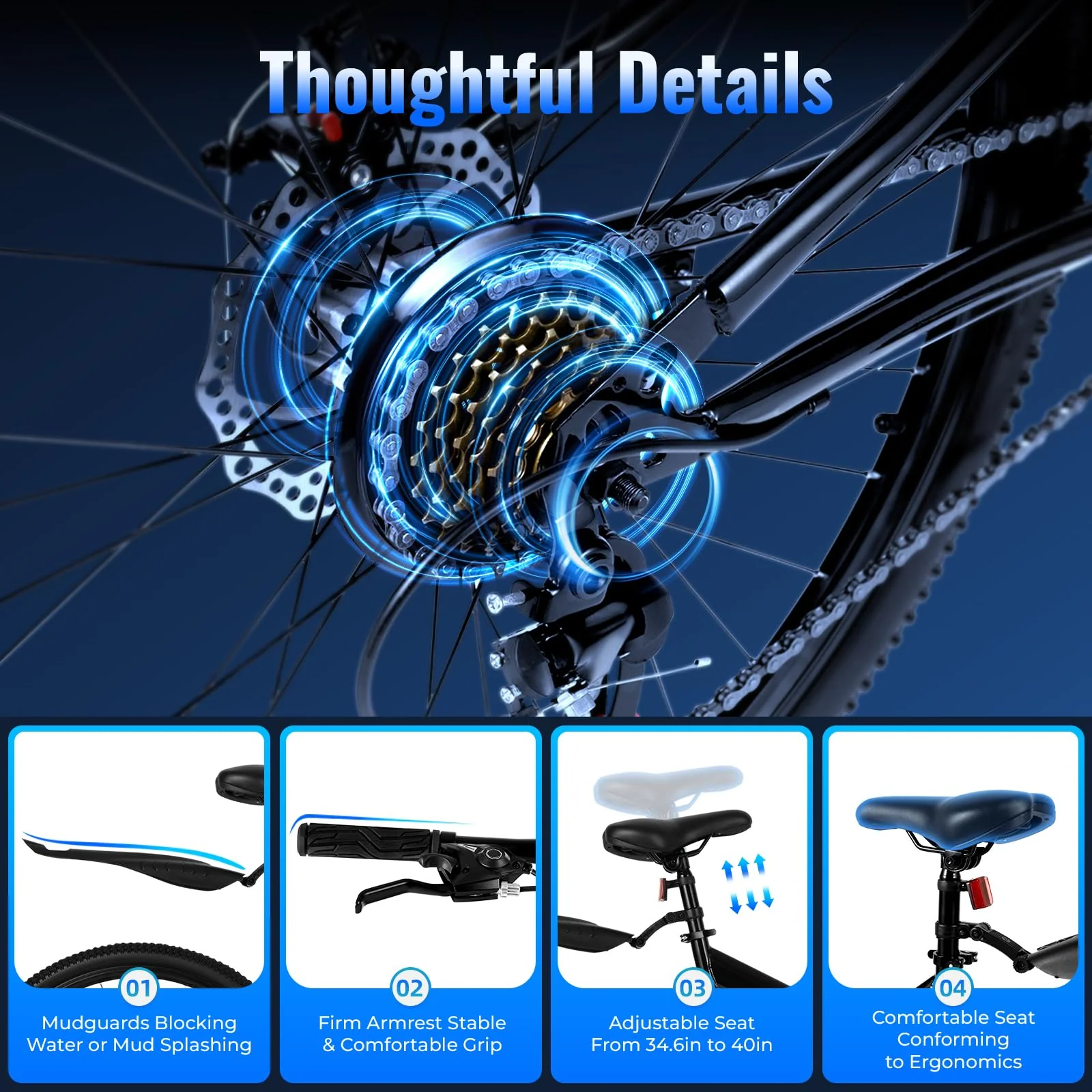 Loobiiny Mountainbike, Geländefahrrad, 26 Zoll (66 cm), für Herren, Erwachsene, Fahrrad, mit zusätzlichem Rad, 21 Gänge, Klapprad, Doppelscheibenbremse, Bike, Stahl, Carbonstahl (schwarz) - Image 8