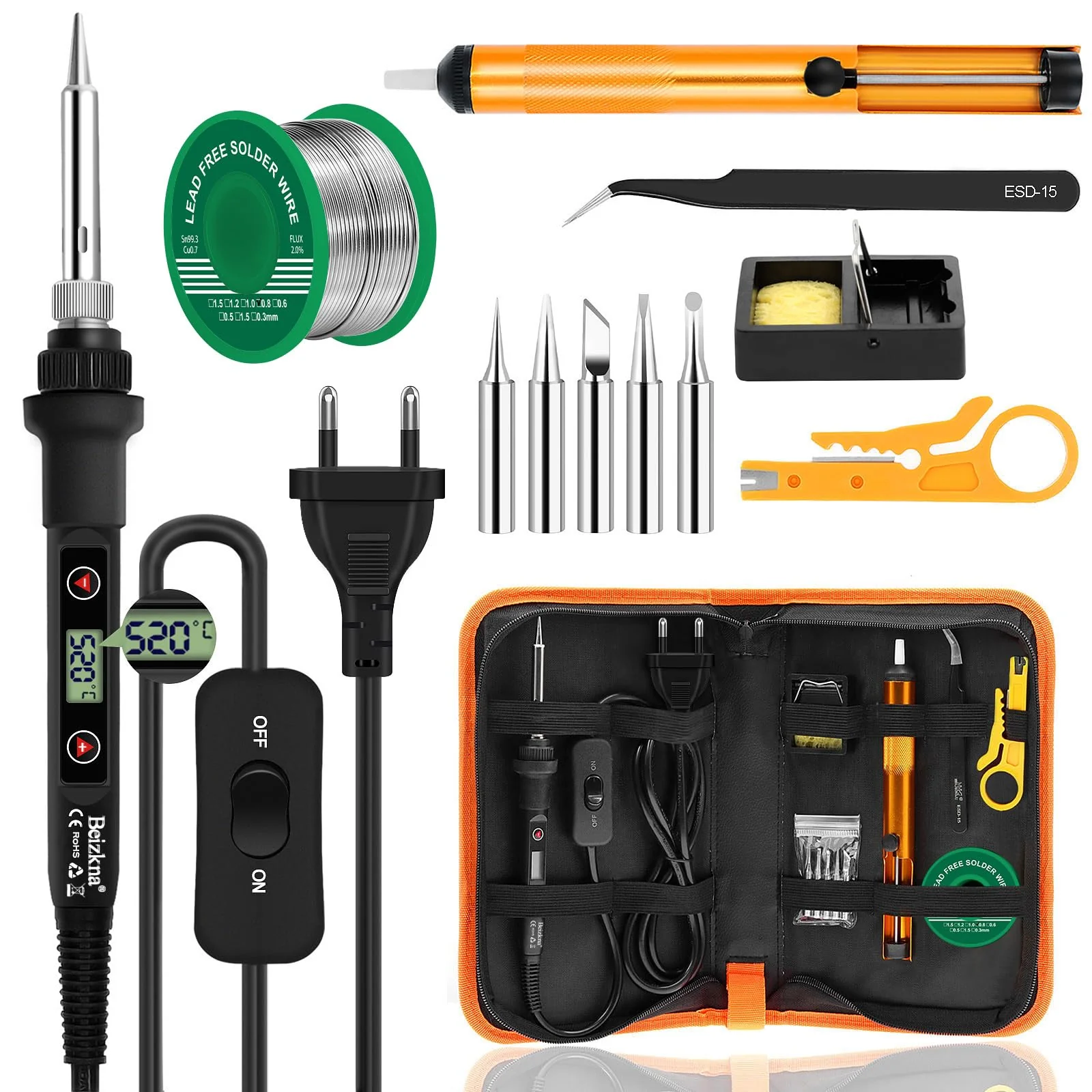 Lötkolben Set 80W LCD Einstellbar Temperatur 180-520°C Lötkolben mit Ein/Aus Schalter, 50g Lötdraht, 5 Lötspitzen, Entlötpumpe, Lötkolbenständer, Pinzette, Lötset für Elektrische Arbeiten - Image 4