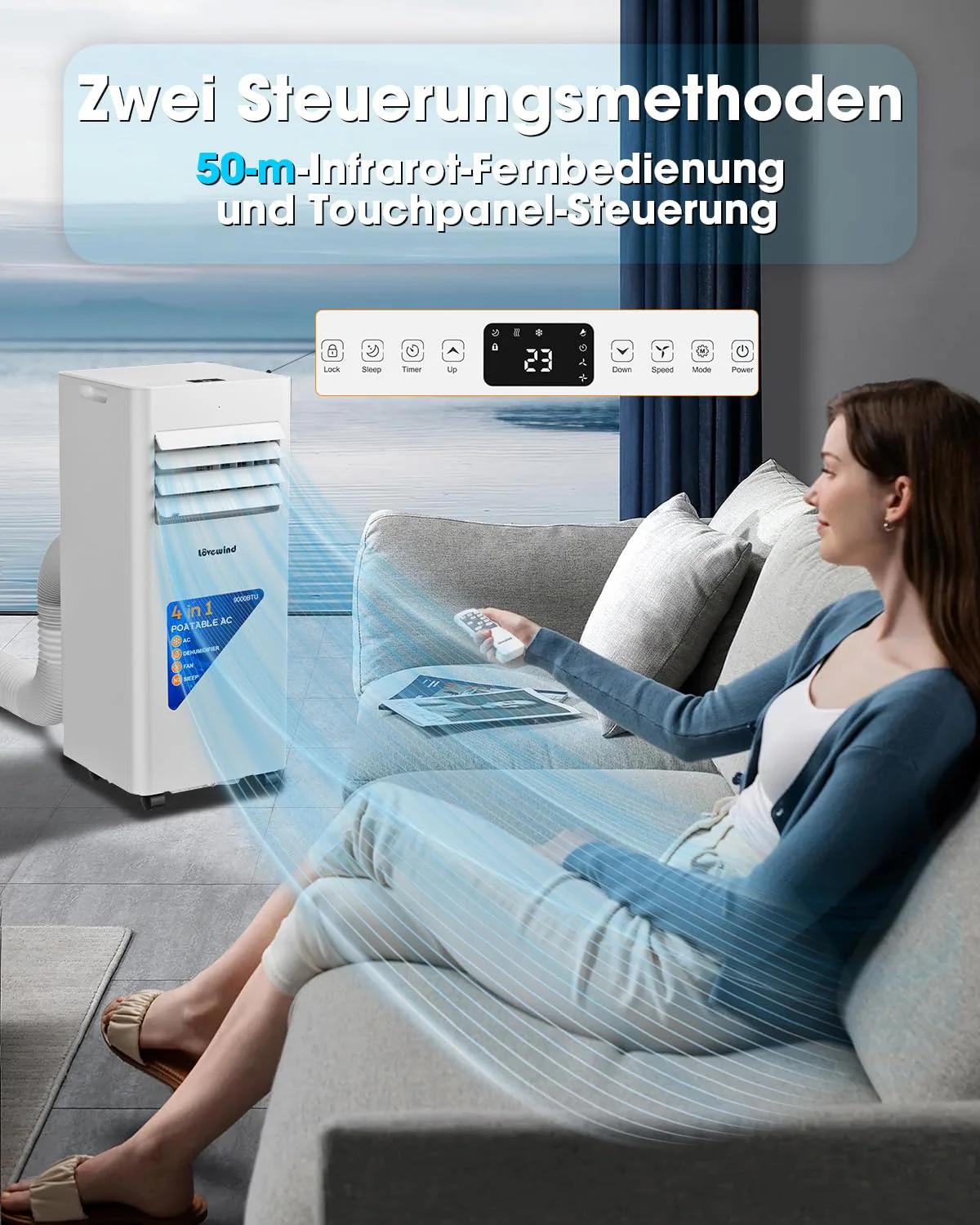 Lovewind Mobiles Klimagerät 9000 BTU (Eco R290), Leise 52 dB, Tragbare Klimaanlage mit Fernbedienung, 4-in-1 Kühlung, Entfeuchtung, Belüftung und Schlafen, IPX1 für Innenräume Büro - Image 2