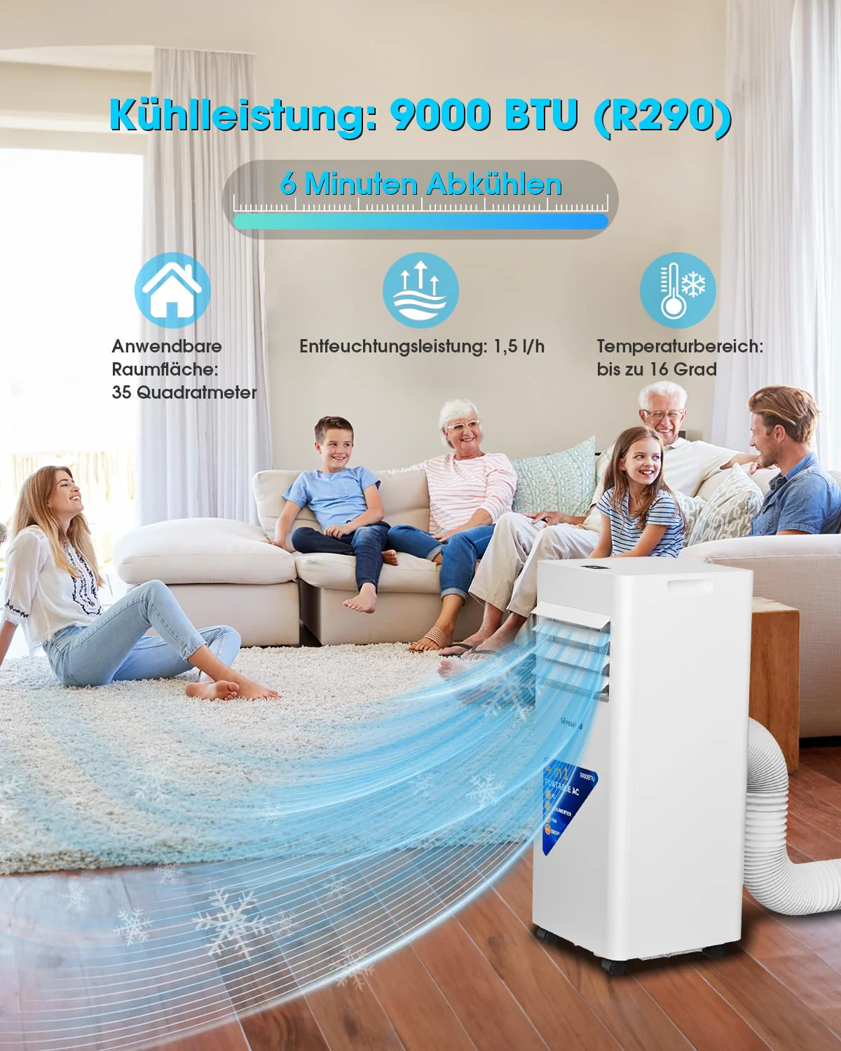 Lovewind Mobiles Klimagerät 9000 BTU (Eco R290), Leise 52 dB, Tragbare Klimaanlage mit Fernbedienung, 4-in-1 Kühlung, Entfeuchtung, Belüftung und Schlafen, IPX1 für Innenräume Büro - Image 3