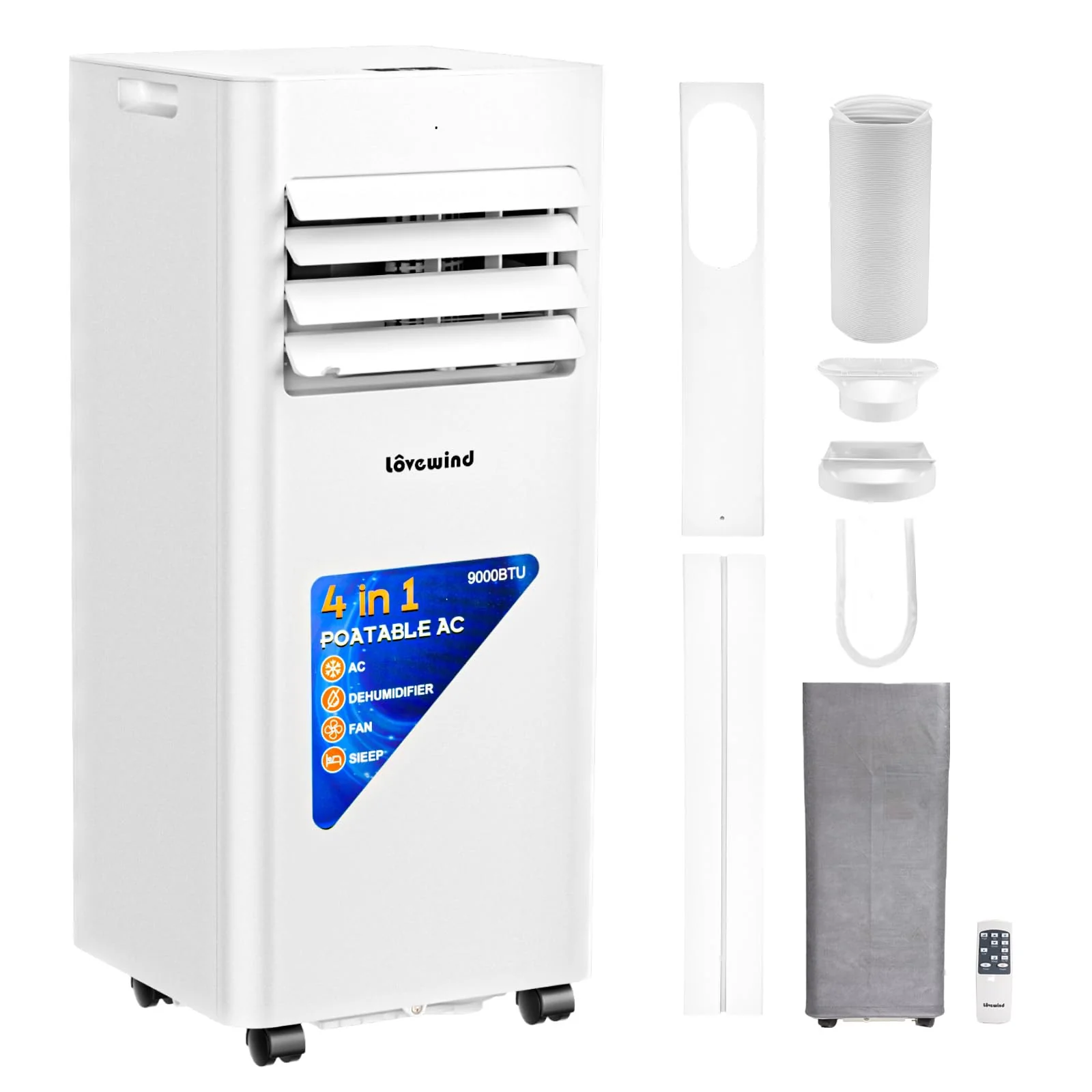 Lovewind Mobiles Klimagerät 9000 BTU (Eco R290), Leise 52 dB, Tragbare Klimaanlage mit Fernbedienung, 4-in-1 Kühlung, Entfeuchtung, Belüftung und Schlafen, IPX1 für Innenräume Büro - Image 4