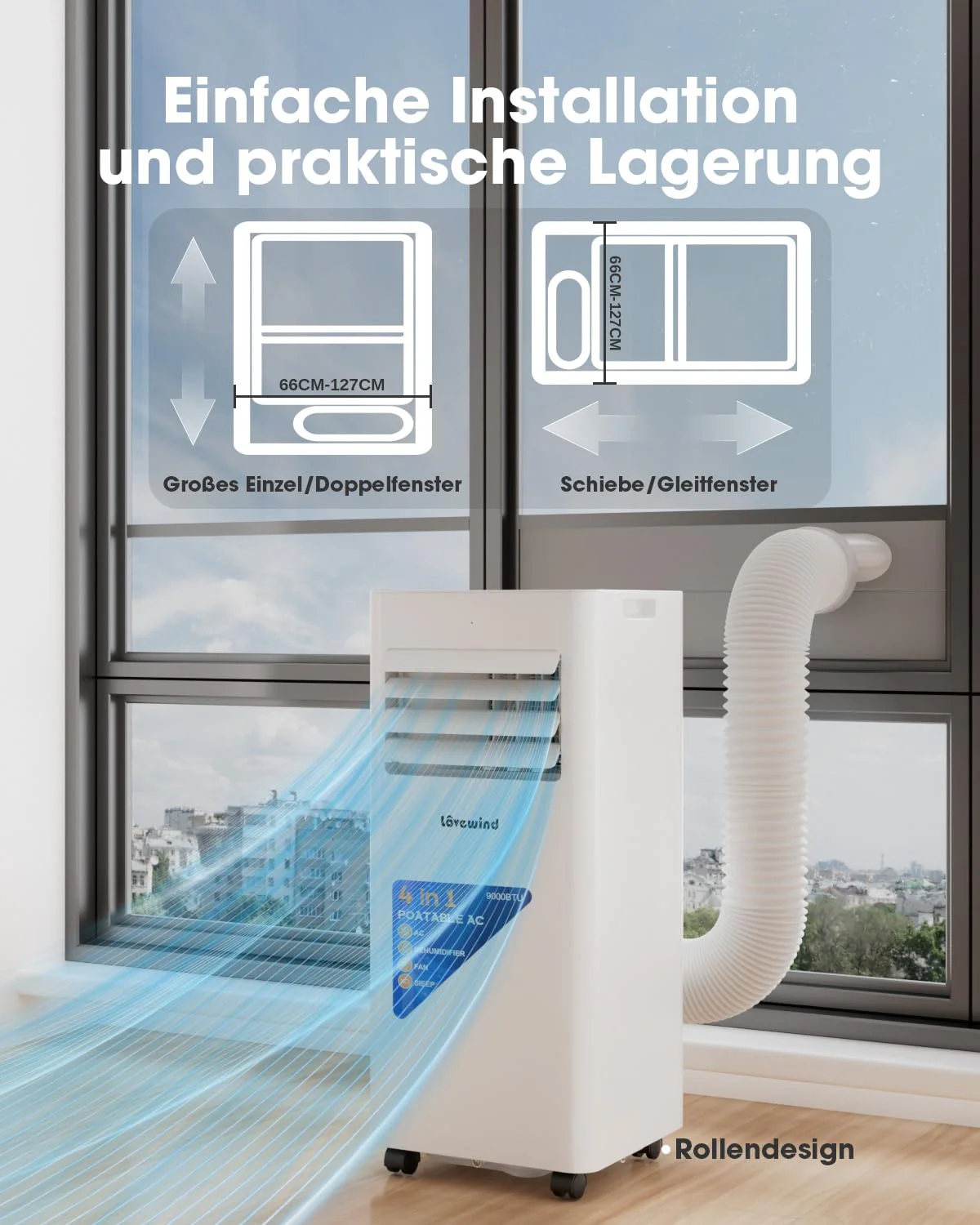 Lovewind Mobiles Klimagerät 9000 BTU (Eco R290), Leise 52 dB, Tragbare Klimaanlage mit Fernbedienung, 4-in-1 Kühlung, Entfeuchtung, Belüftung und Schlafen, IPX1 für Innenräume Büro - Image 5